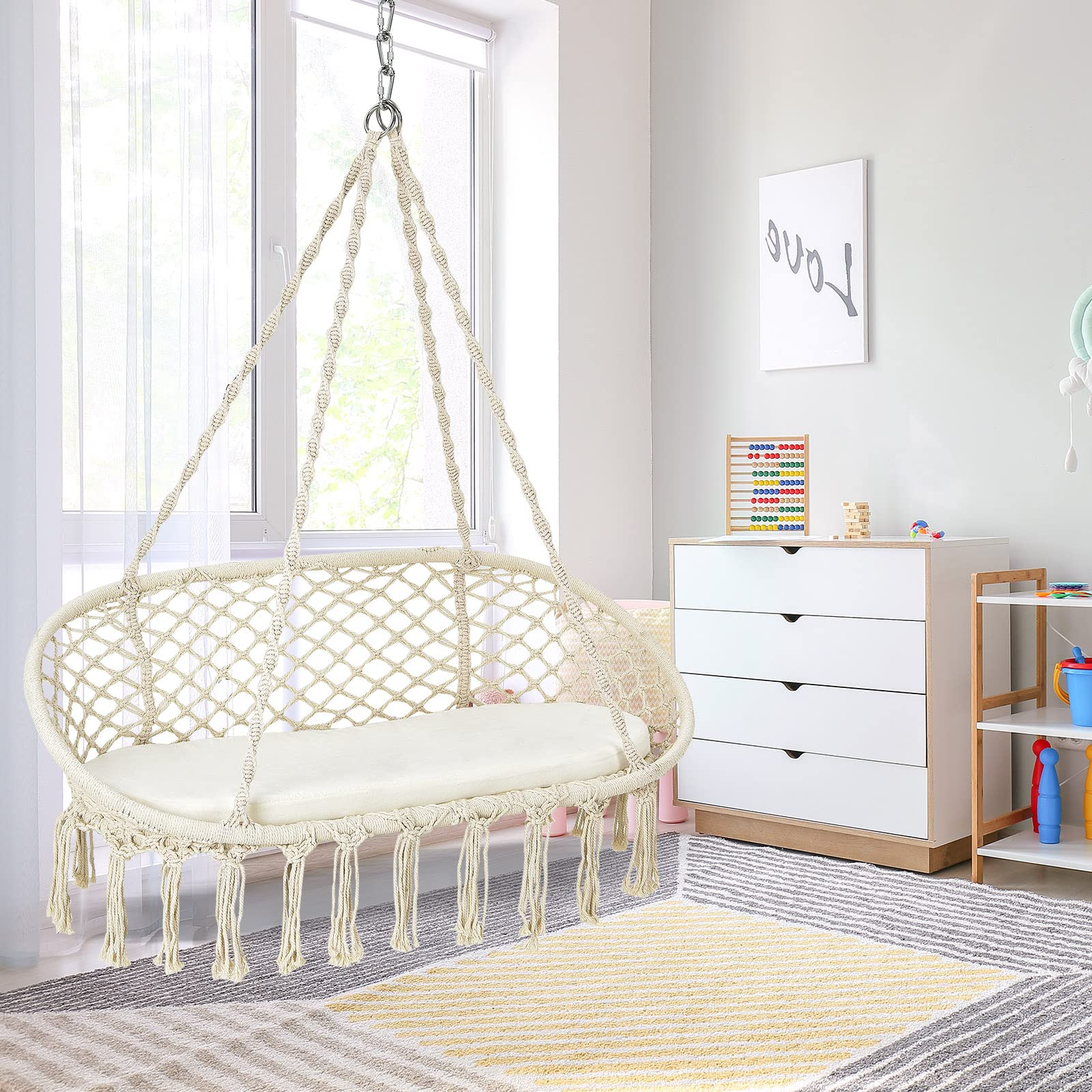 Hammock Chair 2 Seat, Macrame Hanging Chair with Cushion 