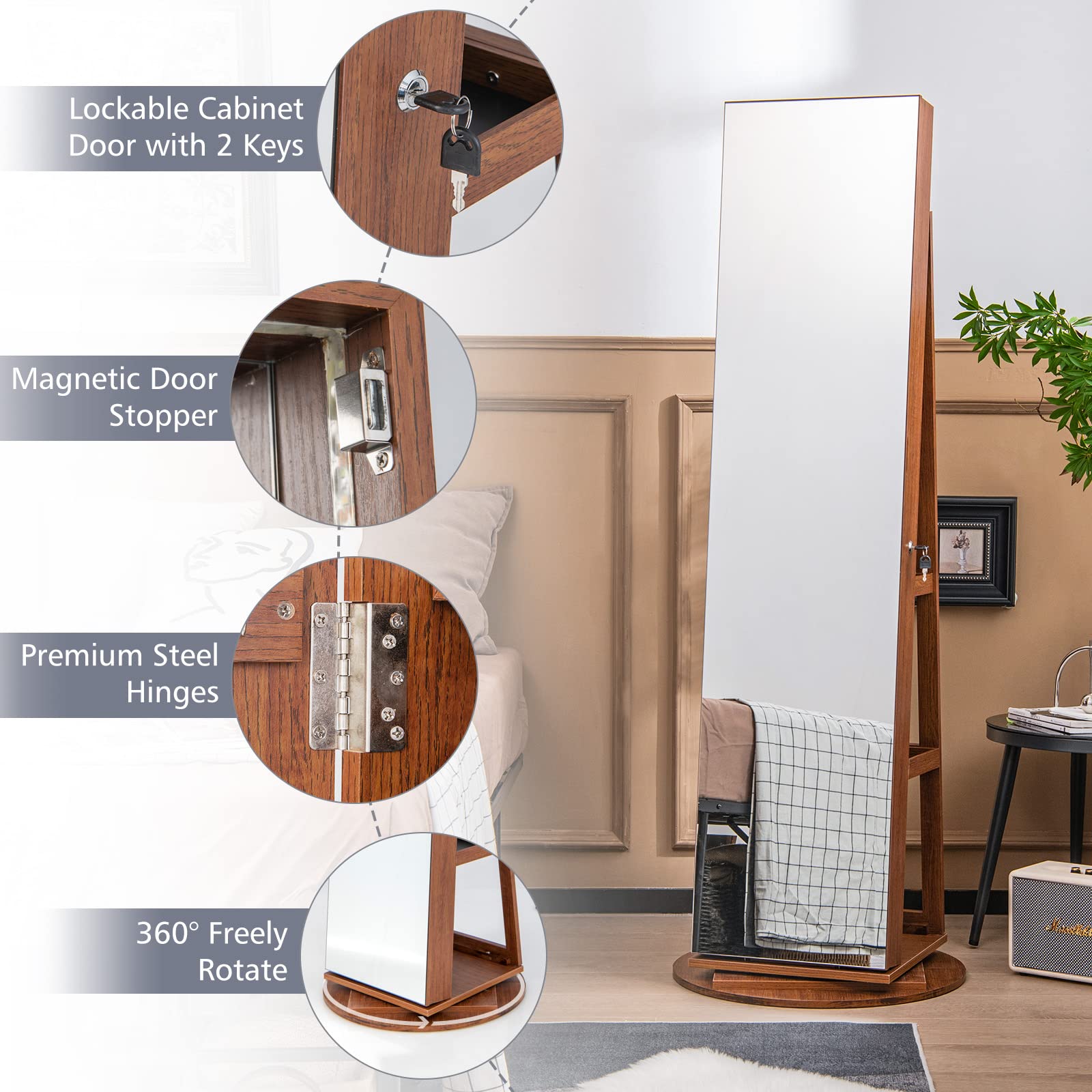 CHARMAID 63.5"H Jewelry Armoire with Full Length Mirror 360 Degree Swivel, 3-Color LED lights 