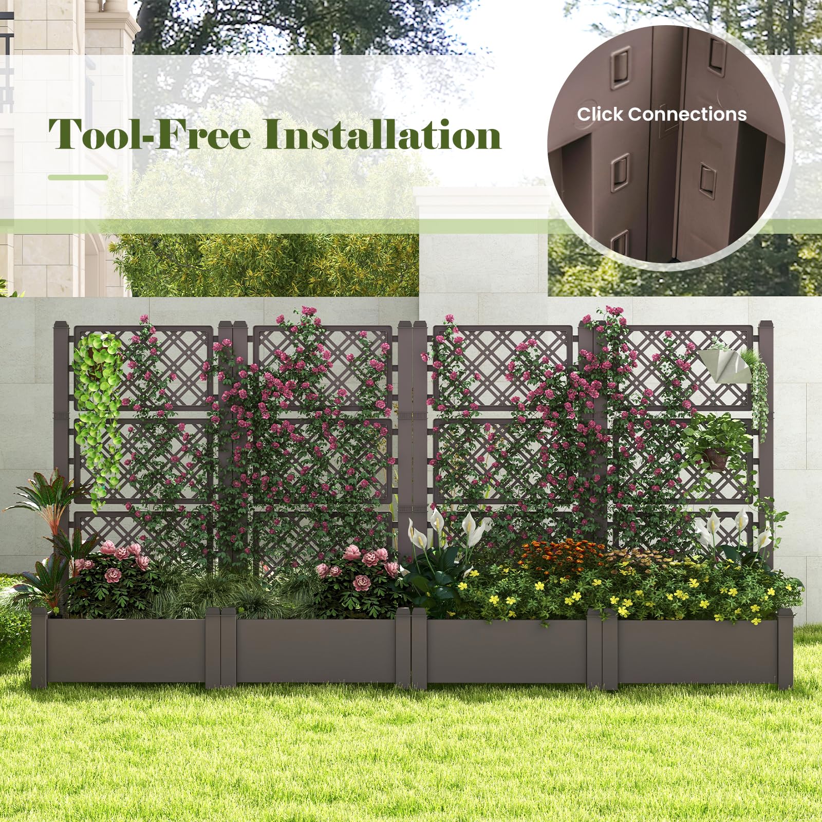 Giantex Raised Garden Bed with Trellis 59”, Self-Watering Planter Box with Water Level Indicator & Removable Space Dividers 