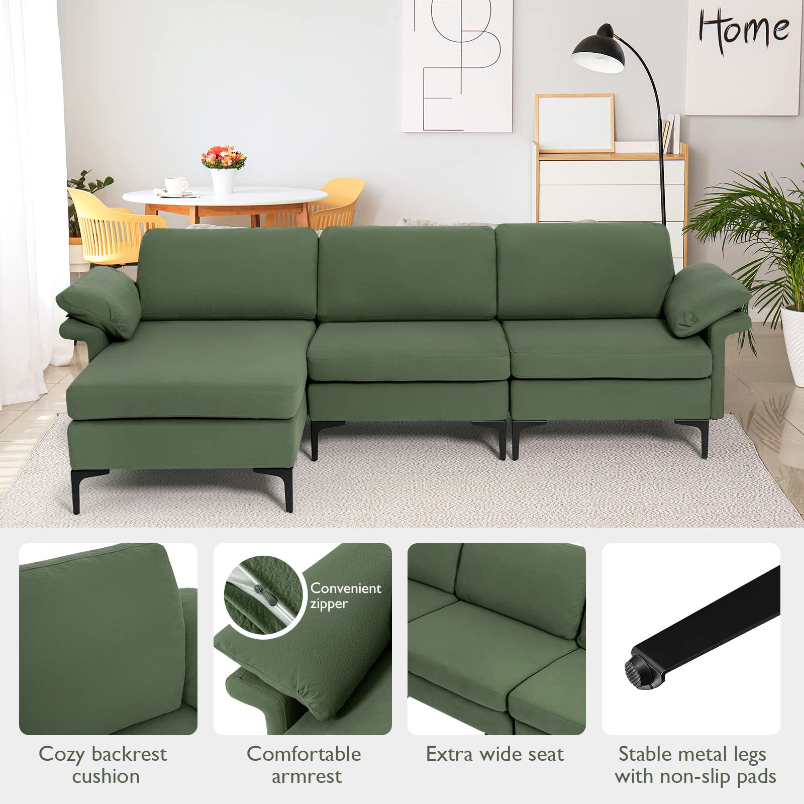 Giantex 100.5" L Convertible Sofa Couch, 3-Seat Sectional Sleeper with USB Ports & Socket 