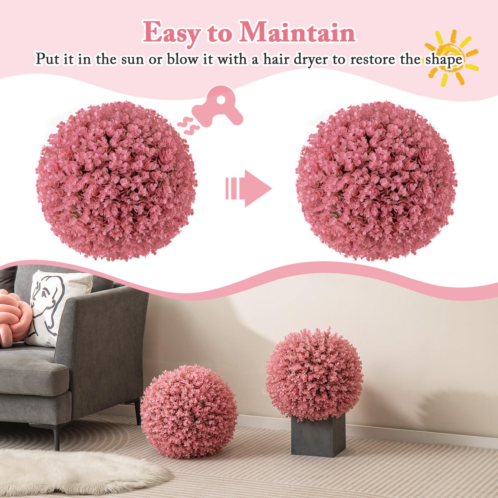 Giantex 2 PCS Artificial Plant Topiary Ball, 17.5'' Pink Faux Eucalyptus Decorative Balls for Wedding Home Decor 