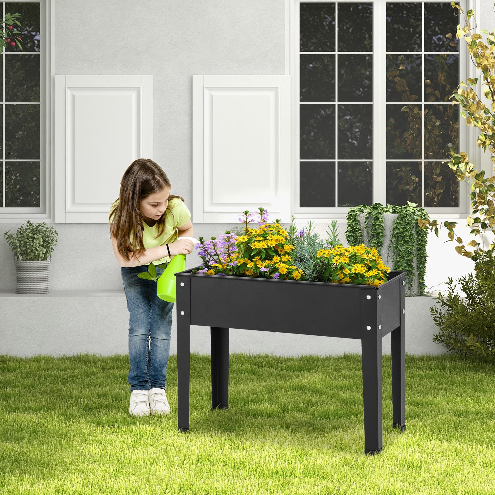 Giantex Raised Garden Bed, Metal Planter Box with Legs, Drain Hole, Outdoor Indoor Elevated Garden Box 