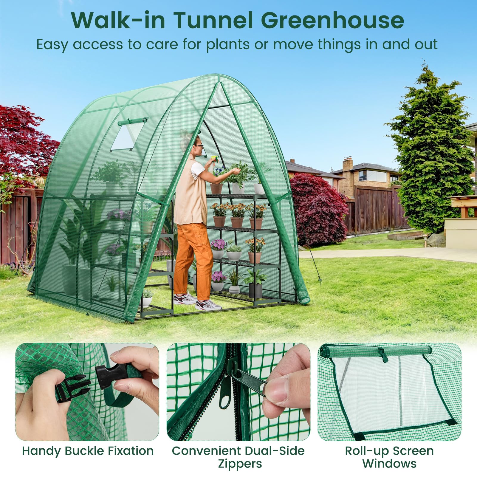 Giantex 6x6x6.6 FT Greenhouse, Outdoor Wall-in Tunnel Greenhouse with Ground Stakes, Rope, 2 Zippered Doors 