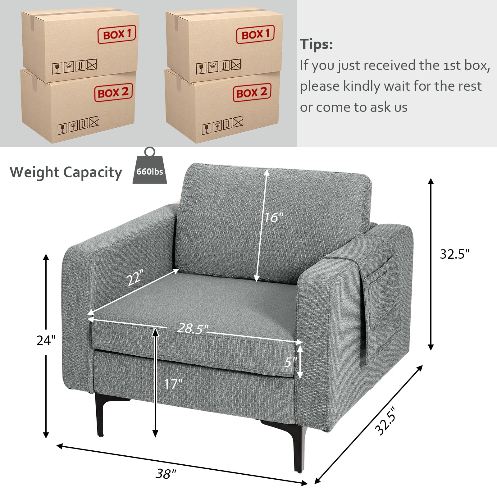 Giantex Modern Accent Chair w/Comfy Thick Cushion, Magazine Pockets 
