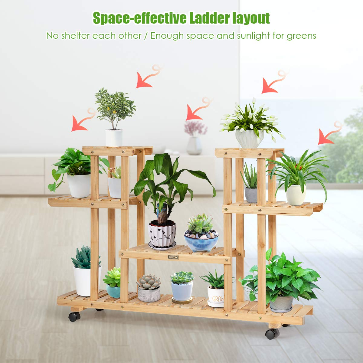 Giantex Rolling Flower Rack Wood Plant Stand on Wheels 