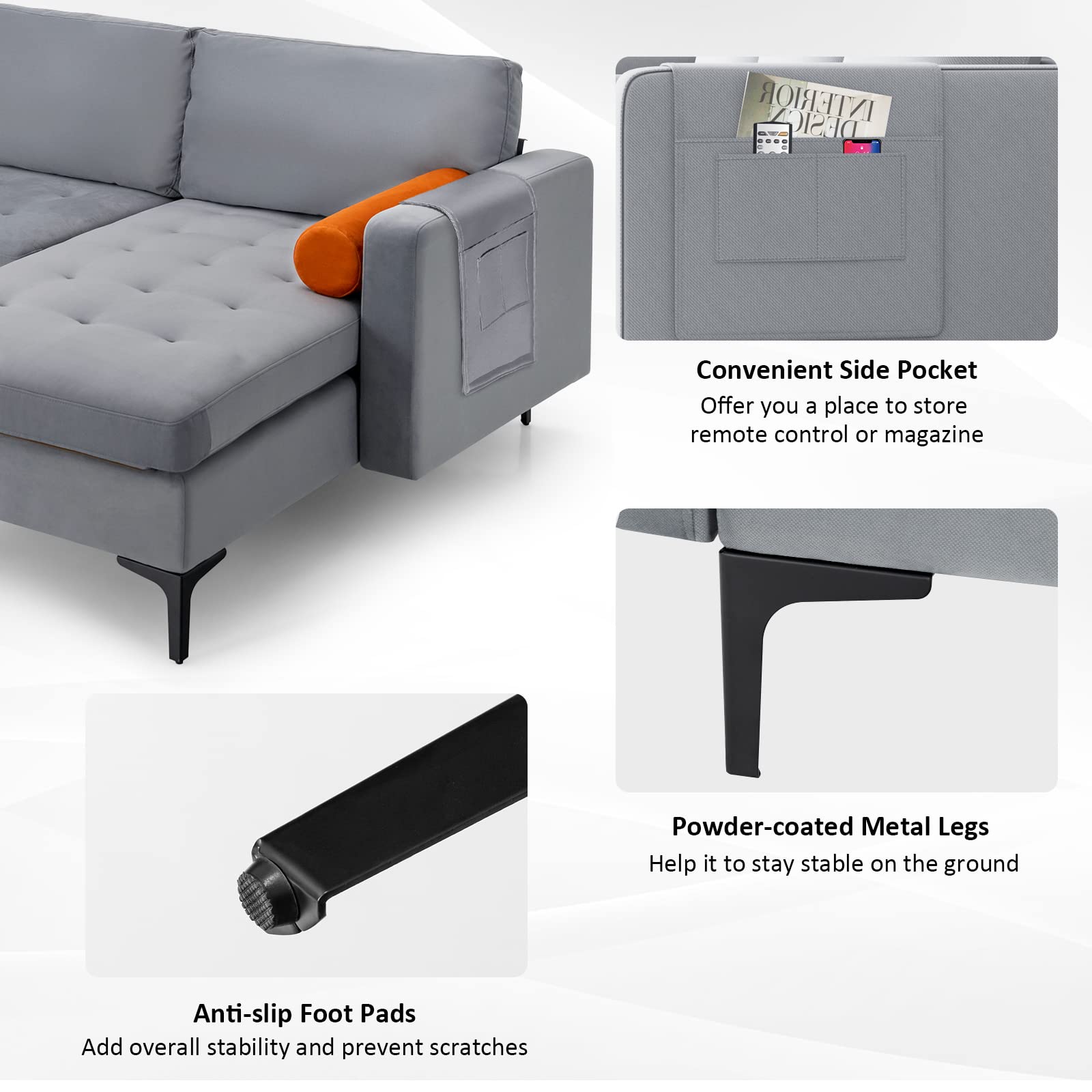 Giantex 97" Large Couch, 3 Seat Sectional Sofa Set, L-Shaped Modular Sleeper with Chaise Lounge & USB Port & Socket 