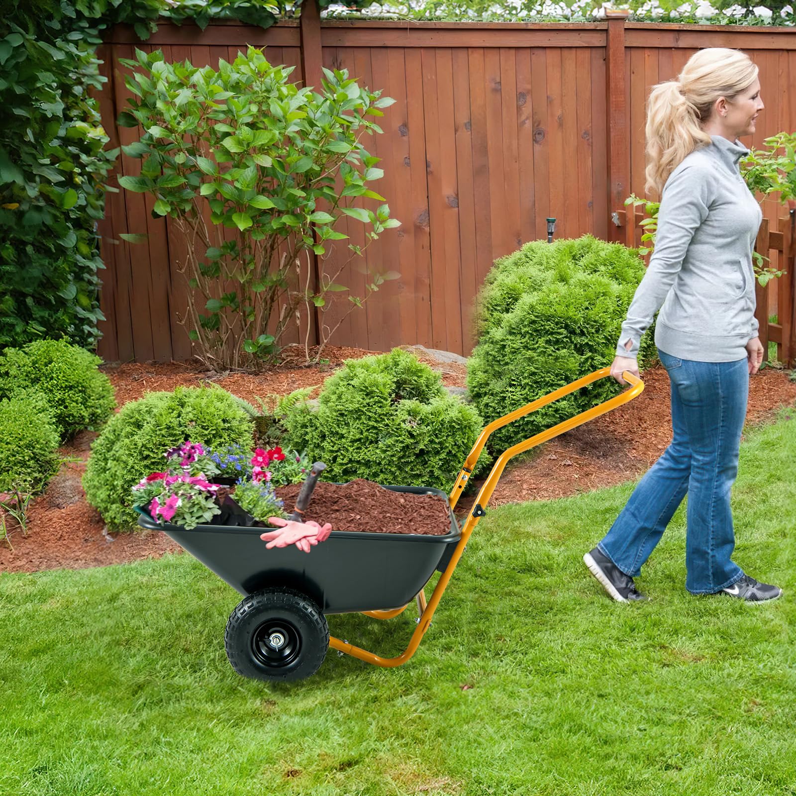 Giantex Dual-Wheel Wheelbarrow, Heavy-Duty Garden Utility Cart with Built-in Stand, Pneumatic Tires, 330 Lbs Capacity, Foldable Handle 