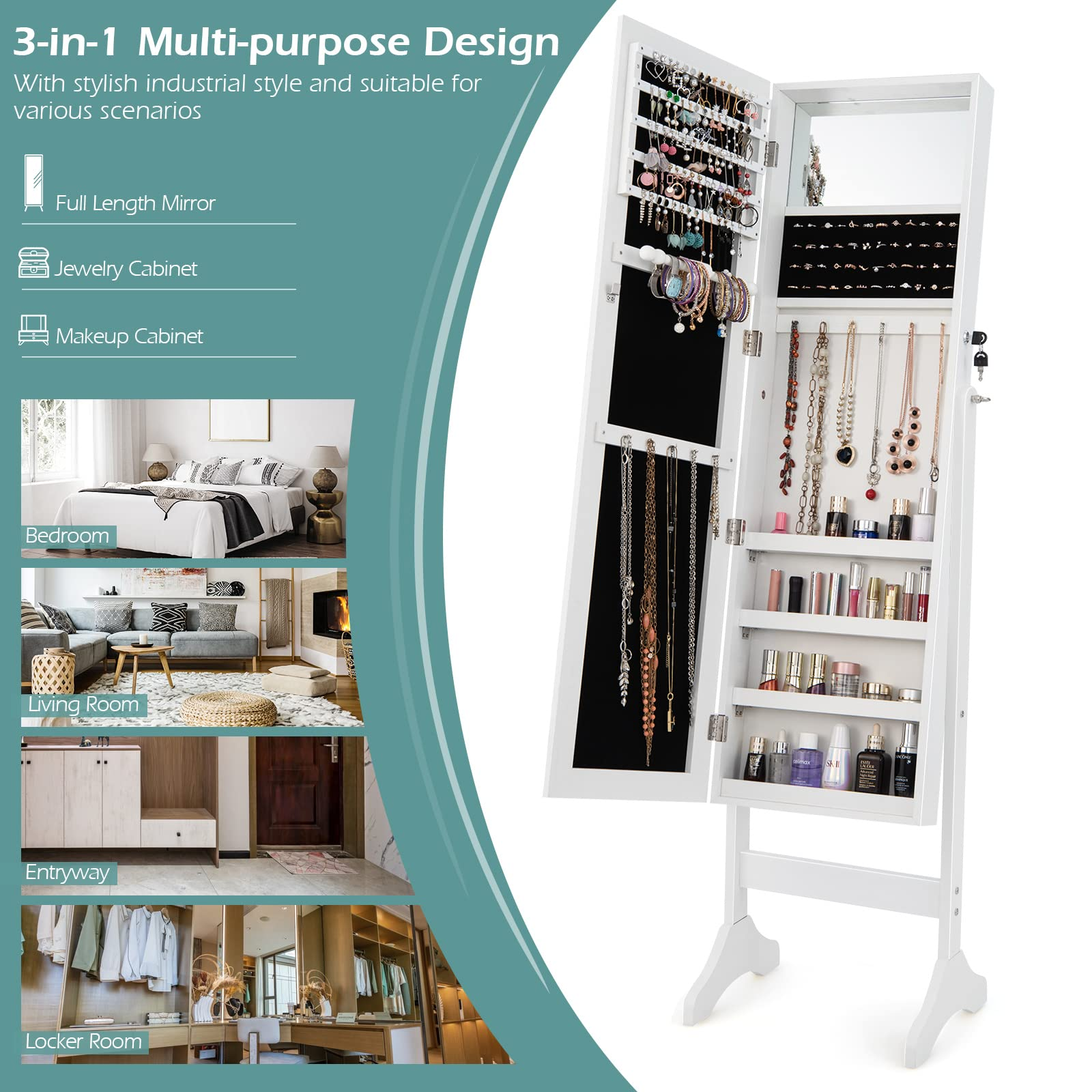 CHARMAID Jewelry Organizer Armoire, Standing Mirror with Jewelry Storage