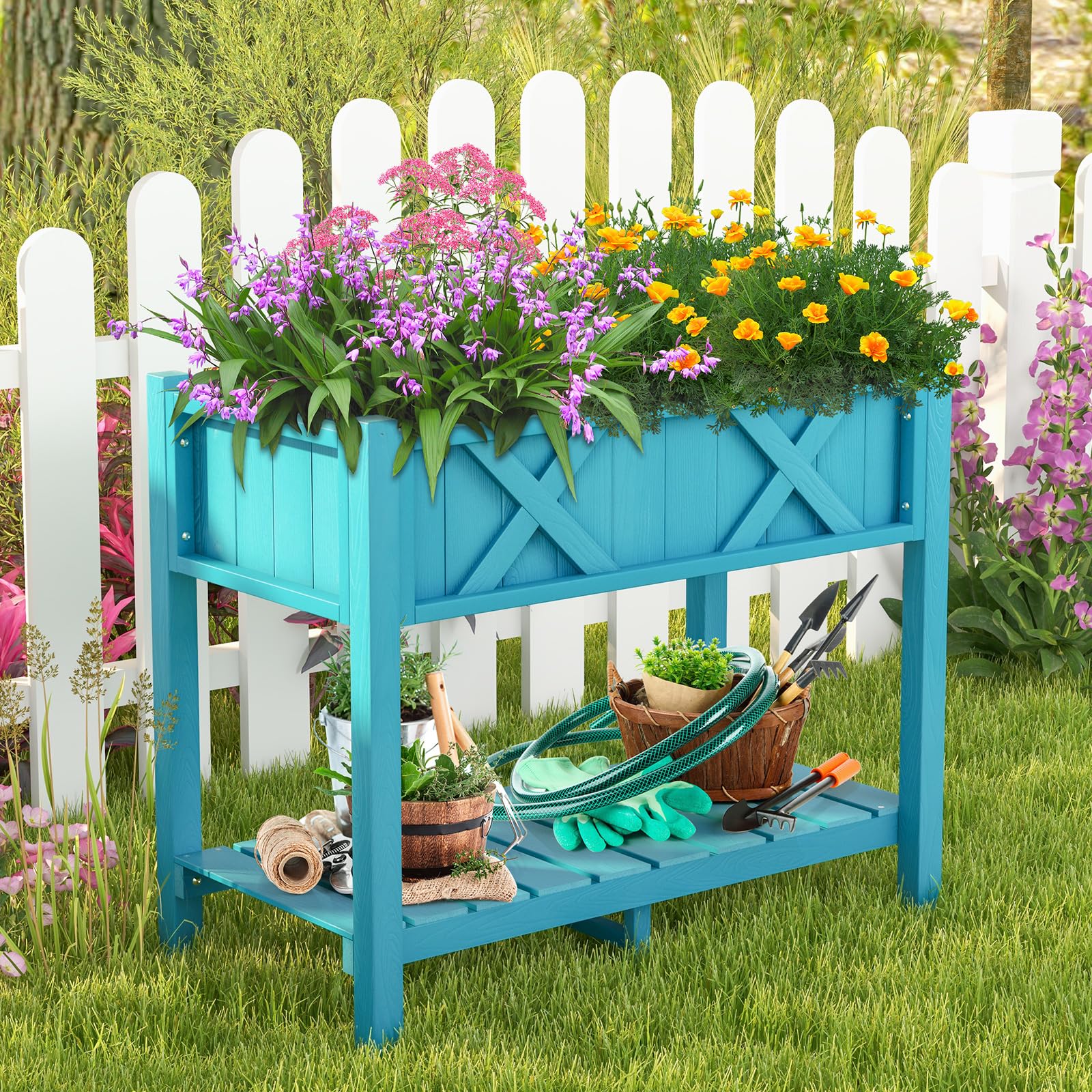 Giantex HIPS Raised Garden Bed, Elevated Planter Box w/Legs, Storage Shelf, Drain Holes 
