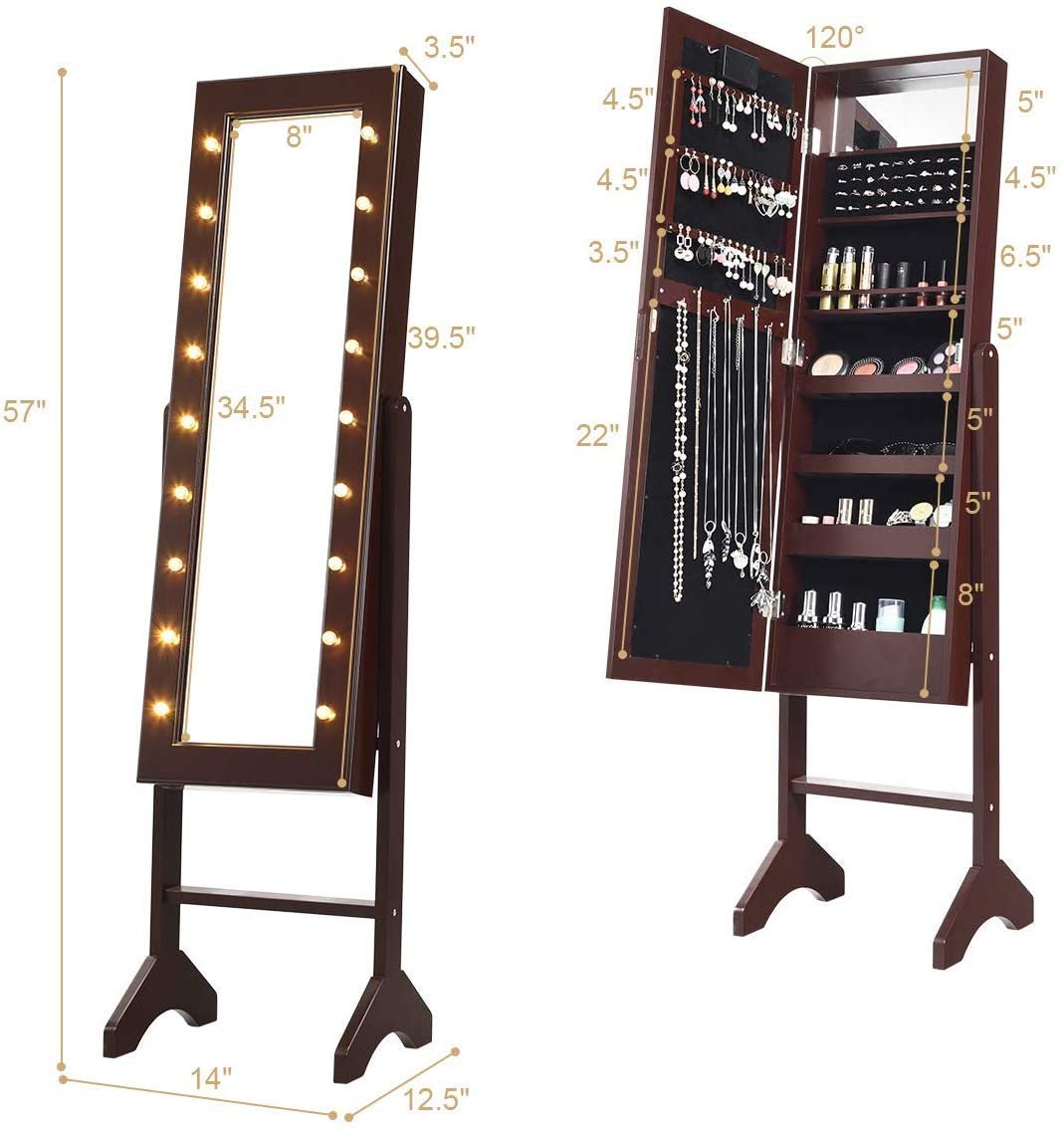 Standing Jewelry Armoire with 18 LED Lights Around the Door