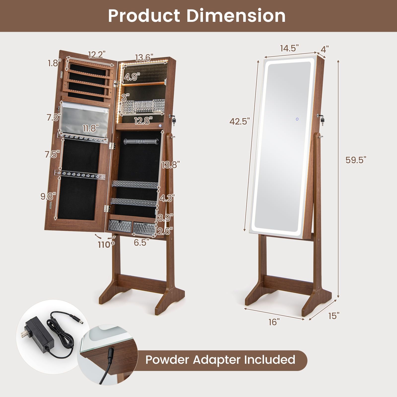 CHARMAID LED Mirror Jewelry Cabinet - Lockable Jewelry Armoire