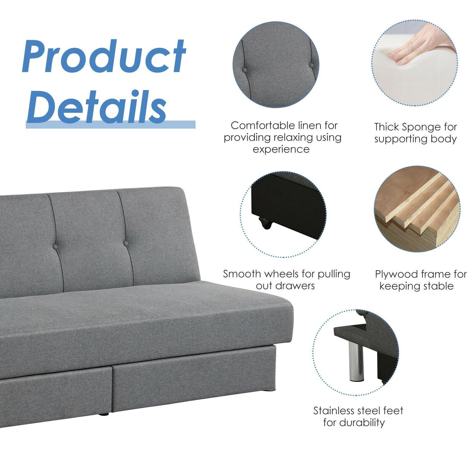 3-Seat Convertible Sofa Bed,Long Sofa w/ 2 Large Drawers, Ergonomic Sleeper w/ 3 Adjustable Angles 