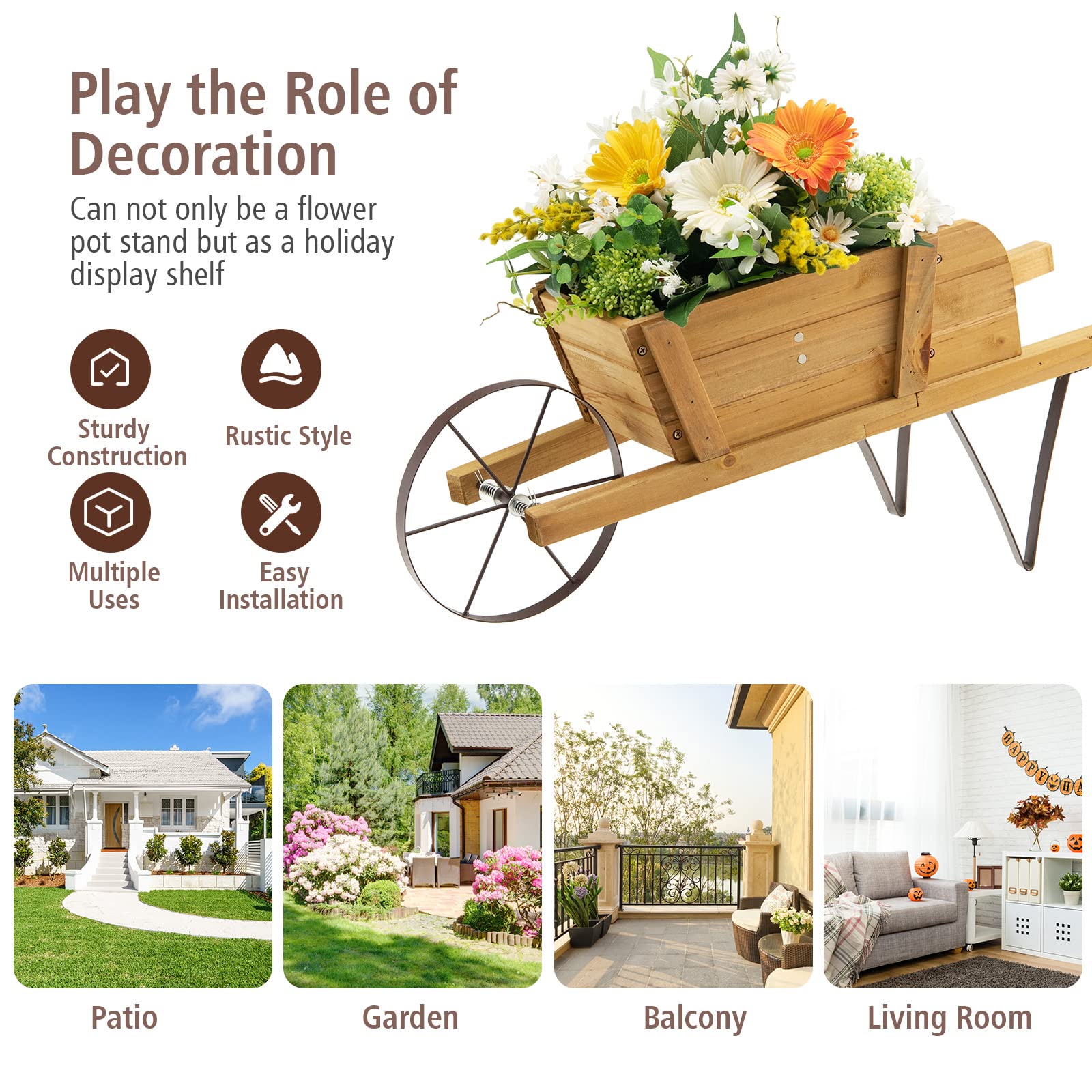 Giantex Wooden Wagon Planter, Small Wheelbarrow Wagon Flower, Indoor & Outdoor Raised Bed 