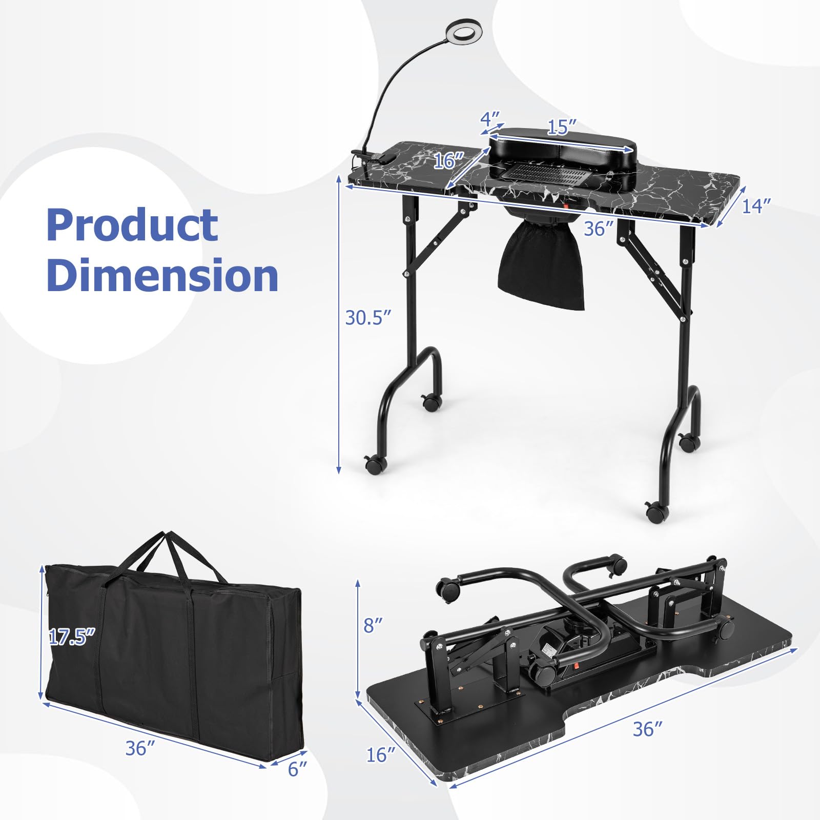 Giantex Foldable Nail Desk - Manicure Table with Built-in Dust Collector Fan, Adjustable LED Lamp 