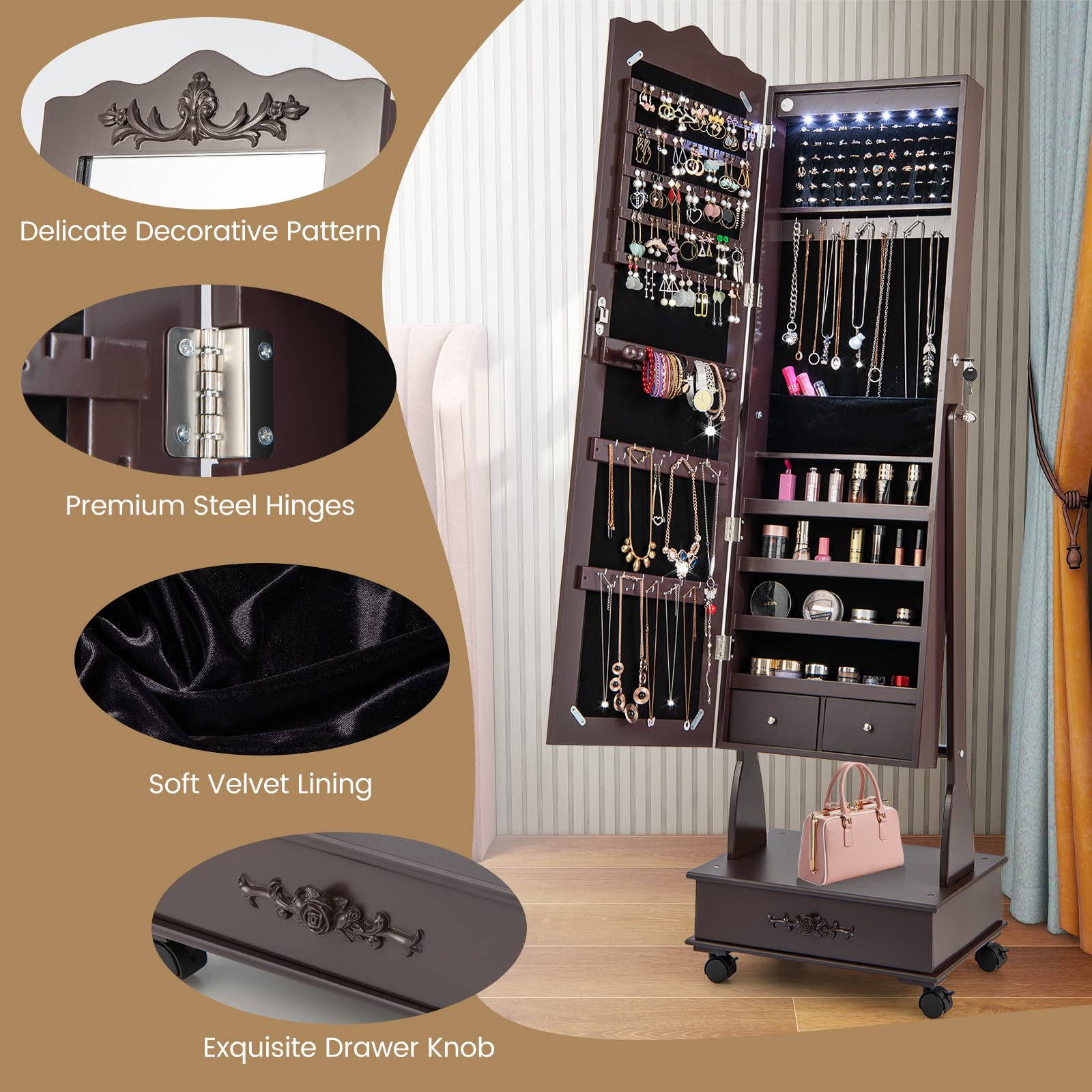 CHARMAID 6 LEDs Rolling Jewelry Cabinet with High Full Length Mirror, Lockable Standing Jewelry Armoire with Wheels 
