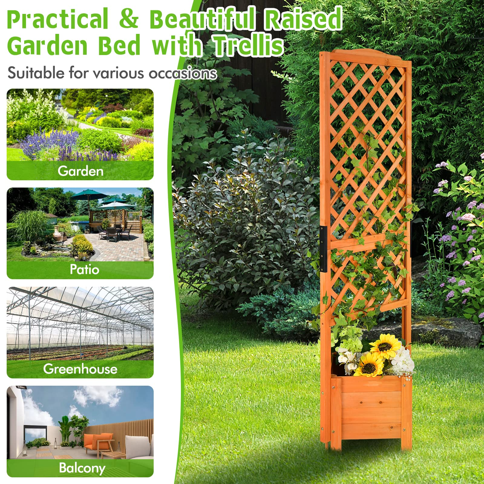 Giantex Planter Raised Bed with Trellis, Wood Raised Garden Bed 71" High Trellis for Plant Flower Climbing 
