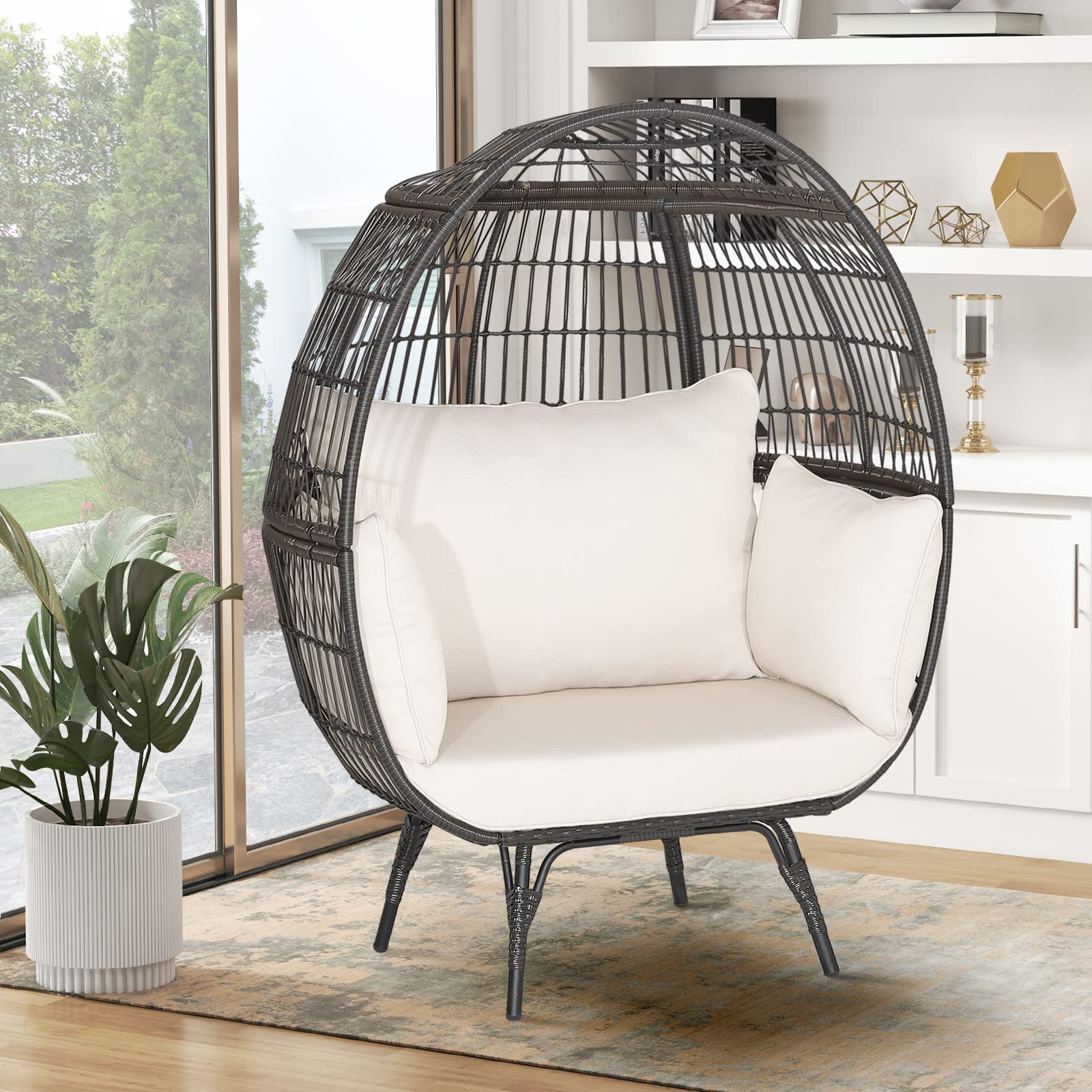 Giantex PE Rattan Egg Chair - Oversized Hammock Chair with Thick Cushions & Sturdy Metal Frame 