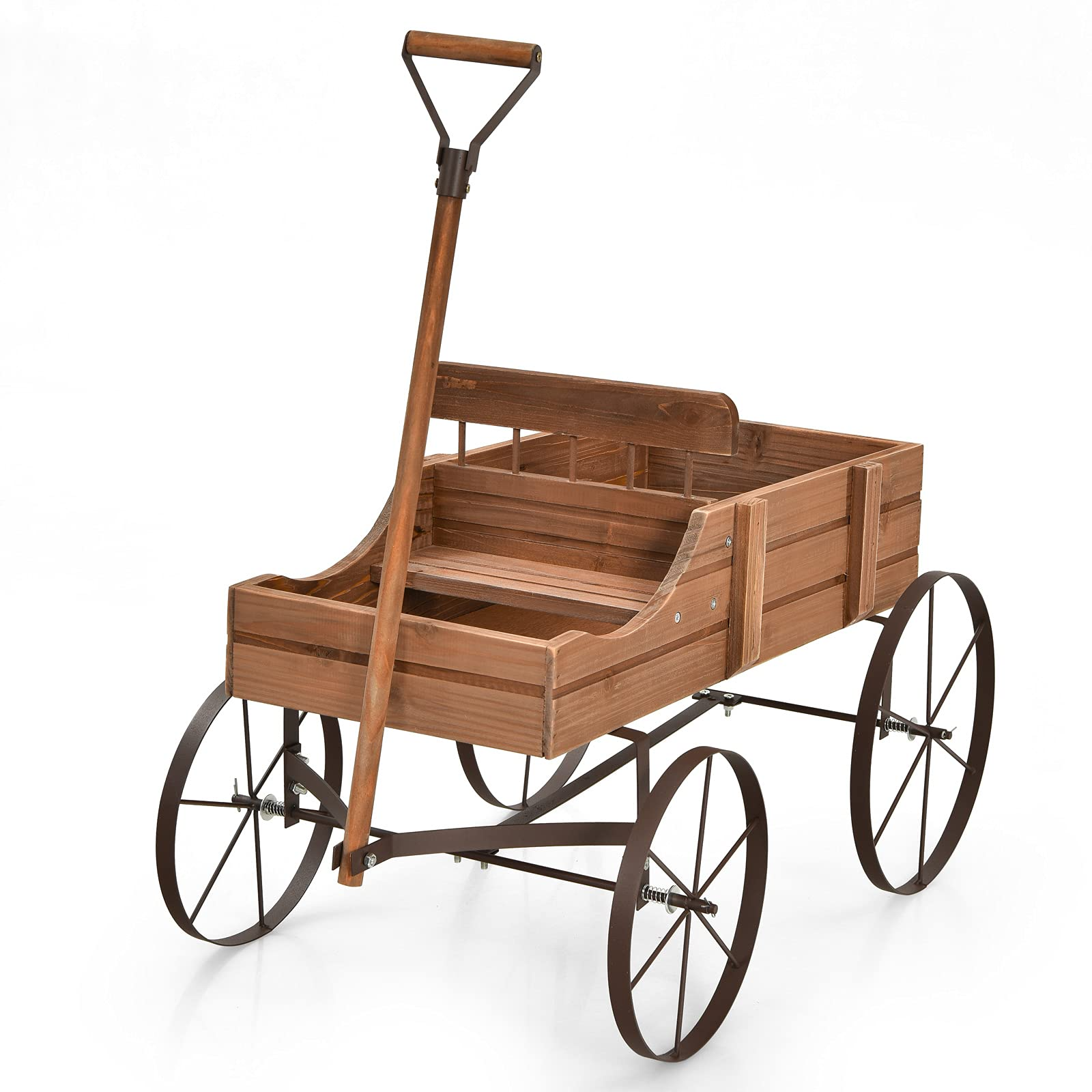 Giantex Decorative Garden Planter, Small Wagon Cart with Metal Wheels, Wood Raised Beds Plant Pot Stand for Backyard Garden Patio 24.5"x13.5"x24" 