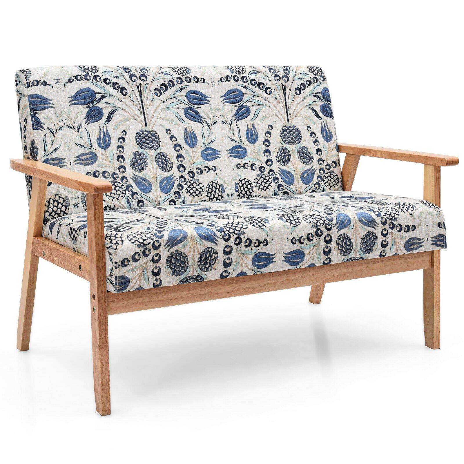 Giantex Mid-Century Wooden Loveseat, Upholstered Wooden Lounge Accent Chair 