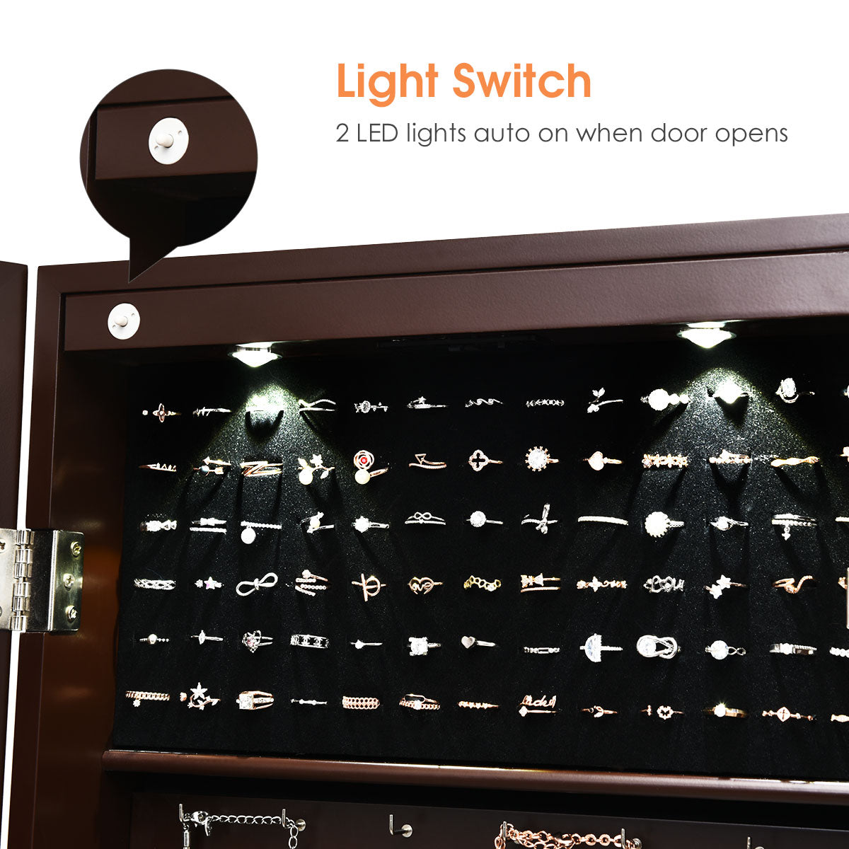 Wall/Door Mounted Jewelry Armoire Organizer with 2 LED Lights