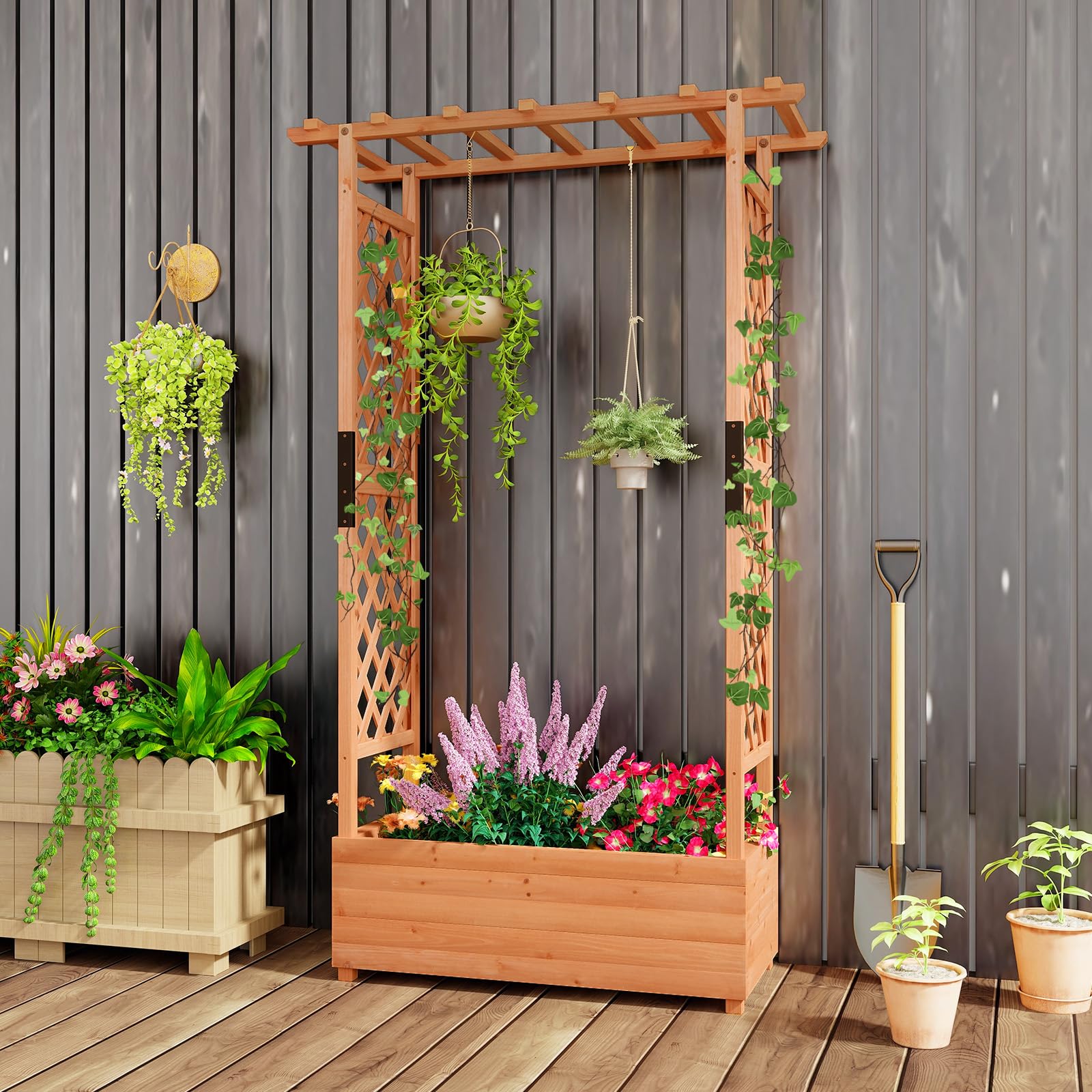 Giantex Raised Garden Bed with 2-Sided Trellis & Hanging Roof 