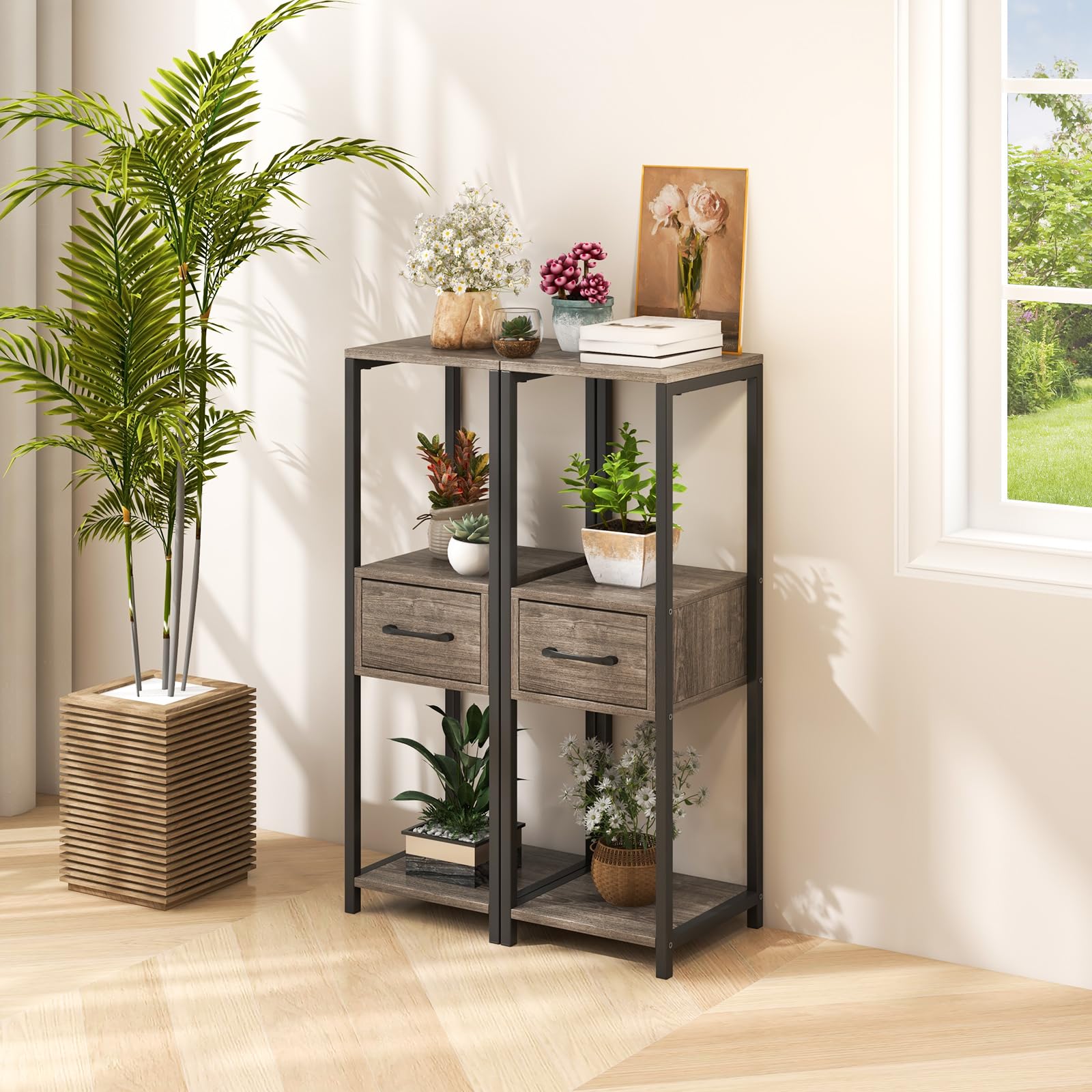 Giantex 3 Tier Tall Plant Stand Indoor, 36 Inch Corner Plant Holder with Drawer & Metal Frame 