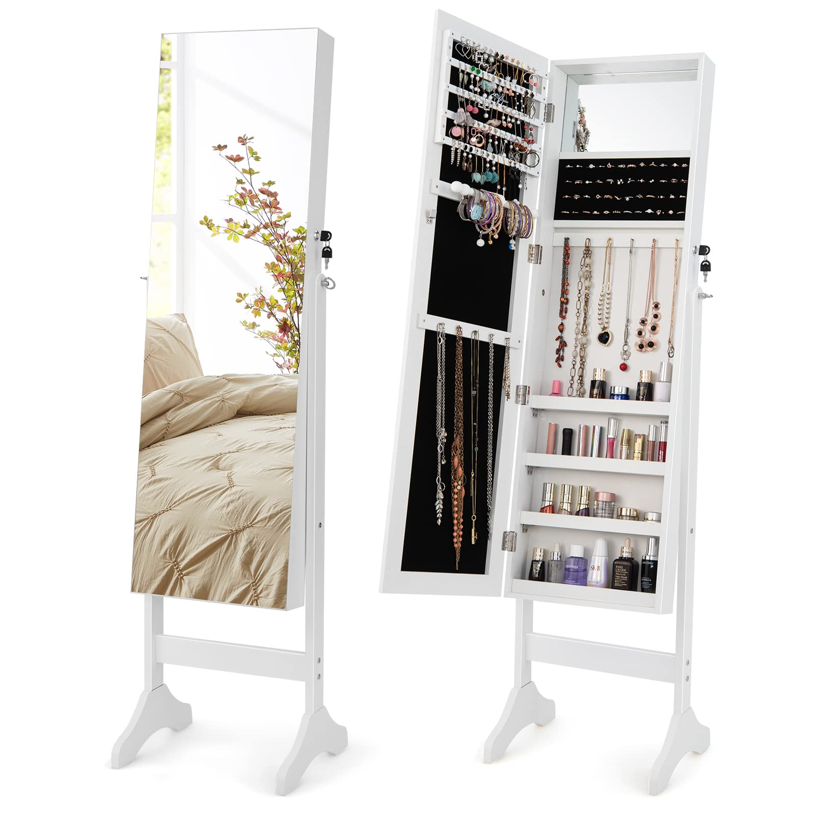 CHARMAID Jewelry Organizer Armoire, Standing Mirror with Jewelry Storage