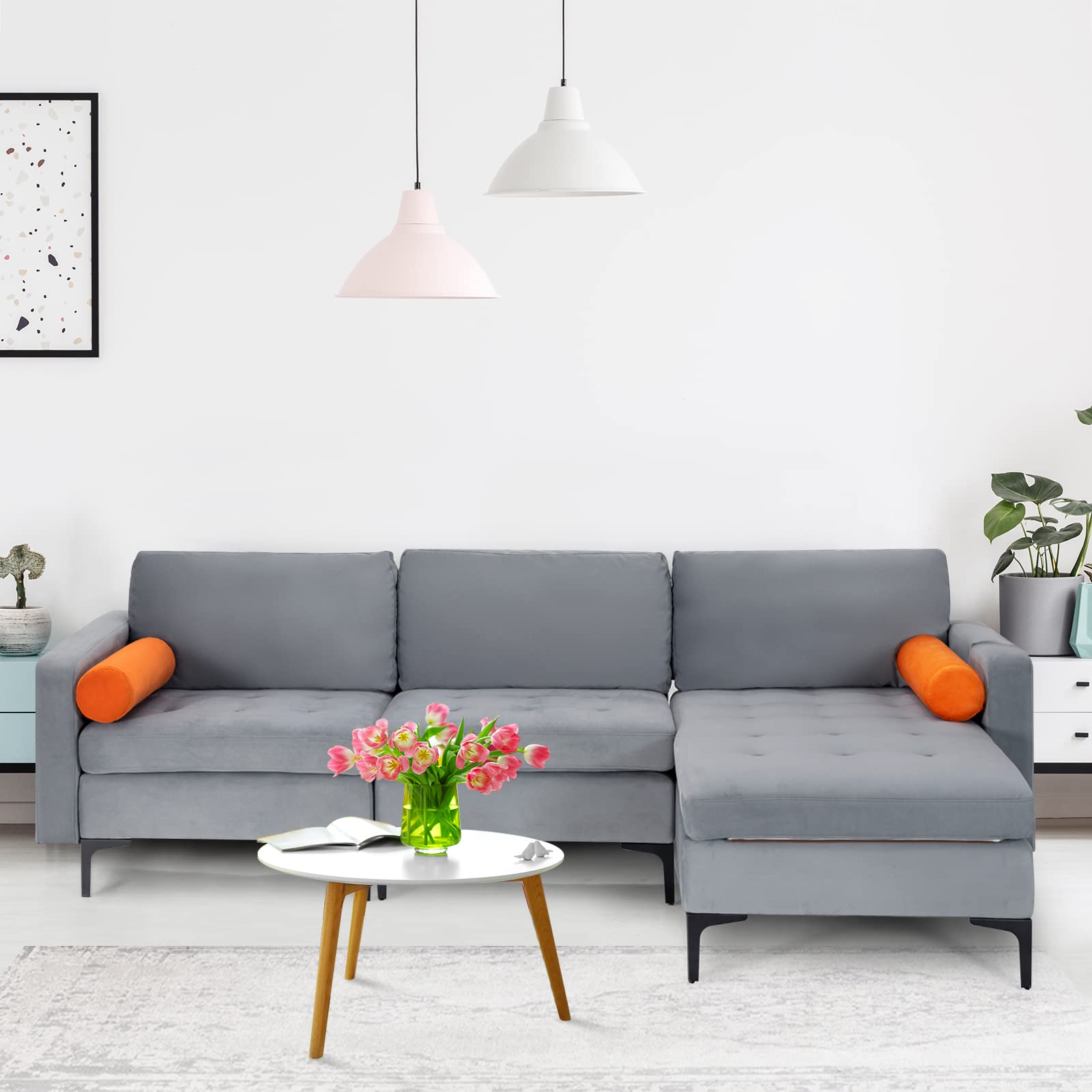 Giantex 97" Large Couch, 3 Seat Sectional Sofa Set, L-Shaped Modular Sleeper with Chaise Lounge & USB Port & Socket 