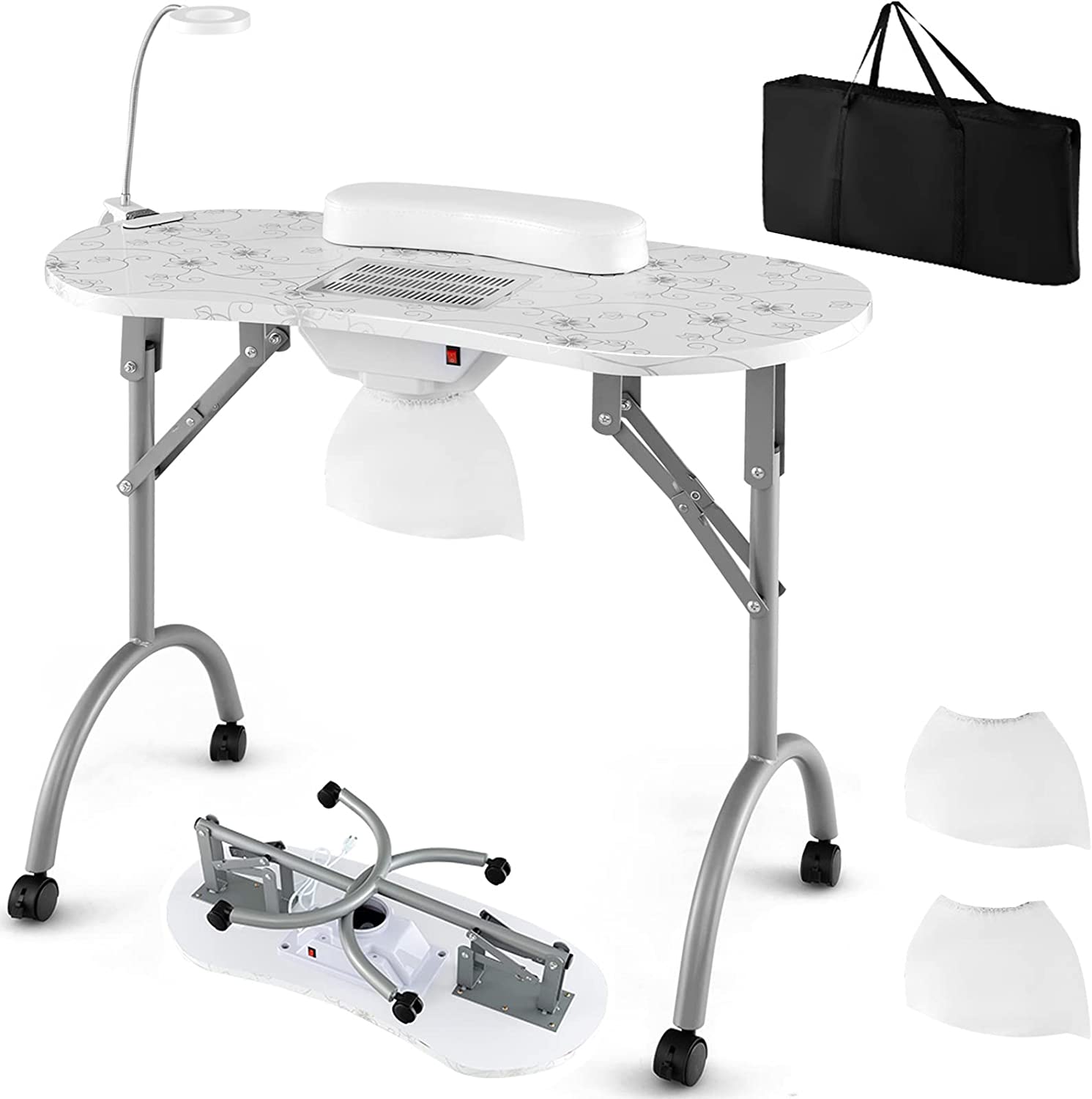 Giantex Nail Desk with Electric Dust Collector, Portable Manicure Table with USB-Plug LED Table Lamp 
