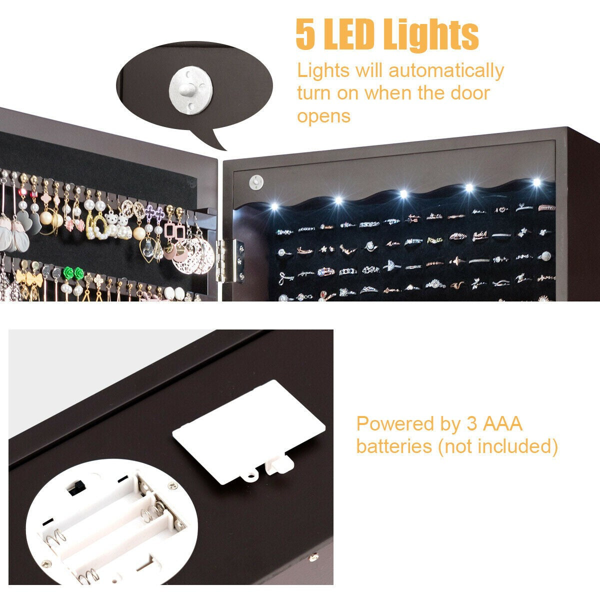 CHARMAID | 5 LEDs Jewelry Armoire Wall Mounted/Door Hanging Mirror