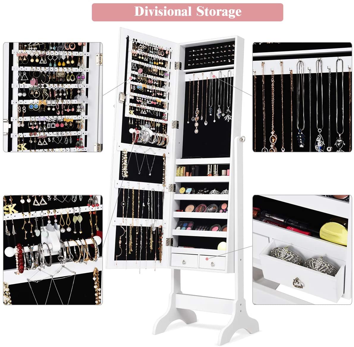 Lockable Standing Jewelry Armoire with Full Length Mirror 