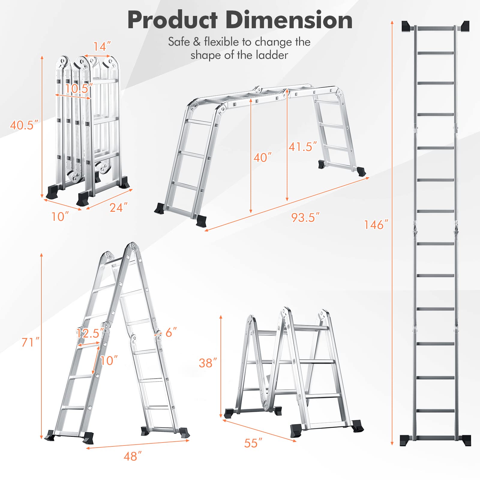 7 in 1 Folding Extension Ladders,Extendable Scaffold Aluminum Step Ladder 330LB (12.2 Ft) 