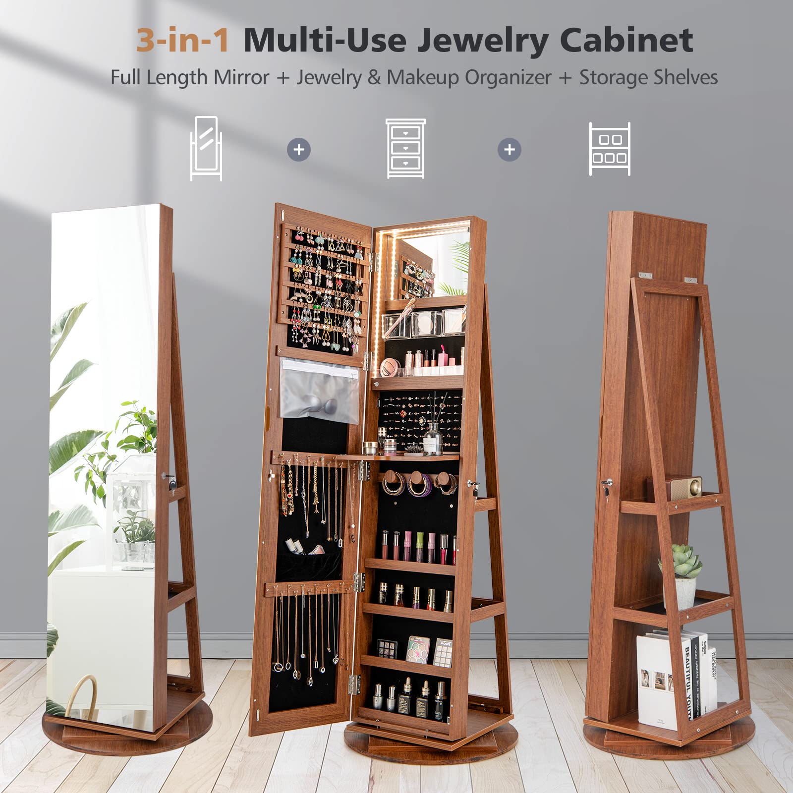 CHARMAID 63.5"H Jewelry Armoire with Full Length Mirror 360 Degree Swivel, 3-Color LED lights 