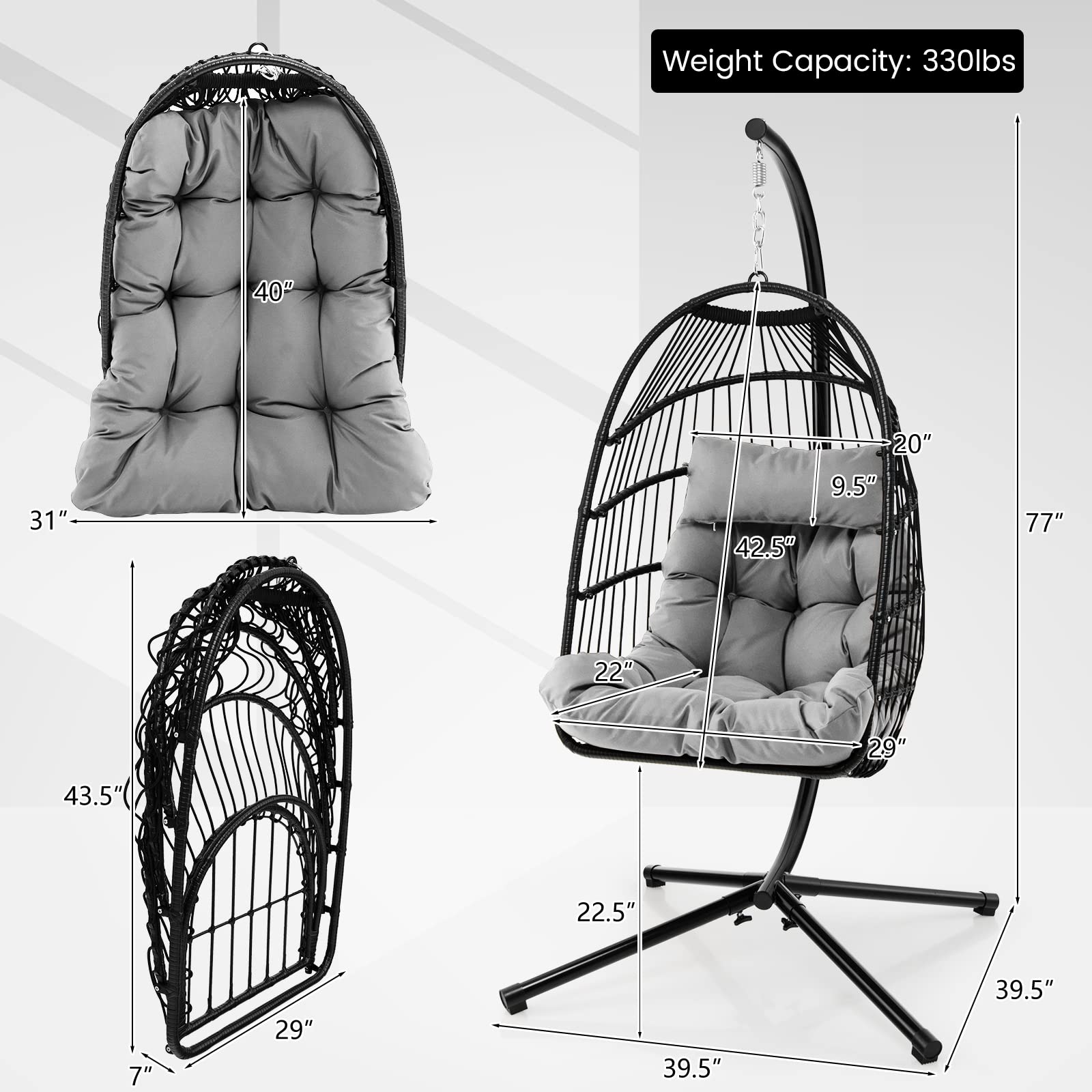 Giantex Egg Chair with Stand, Hanging Basket Chair Hammock Chair w/ Steel Stand Pillow Seat Cushion Rattan Basket & Dust Cover 