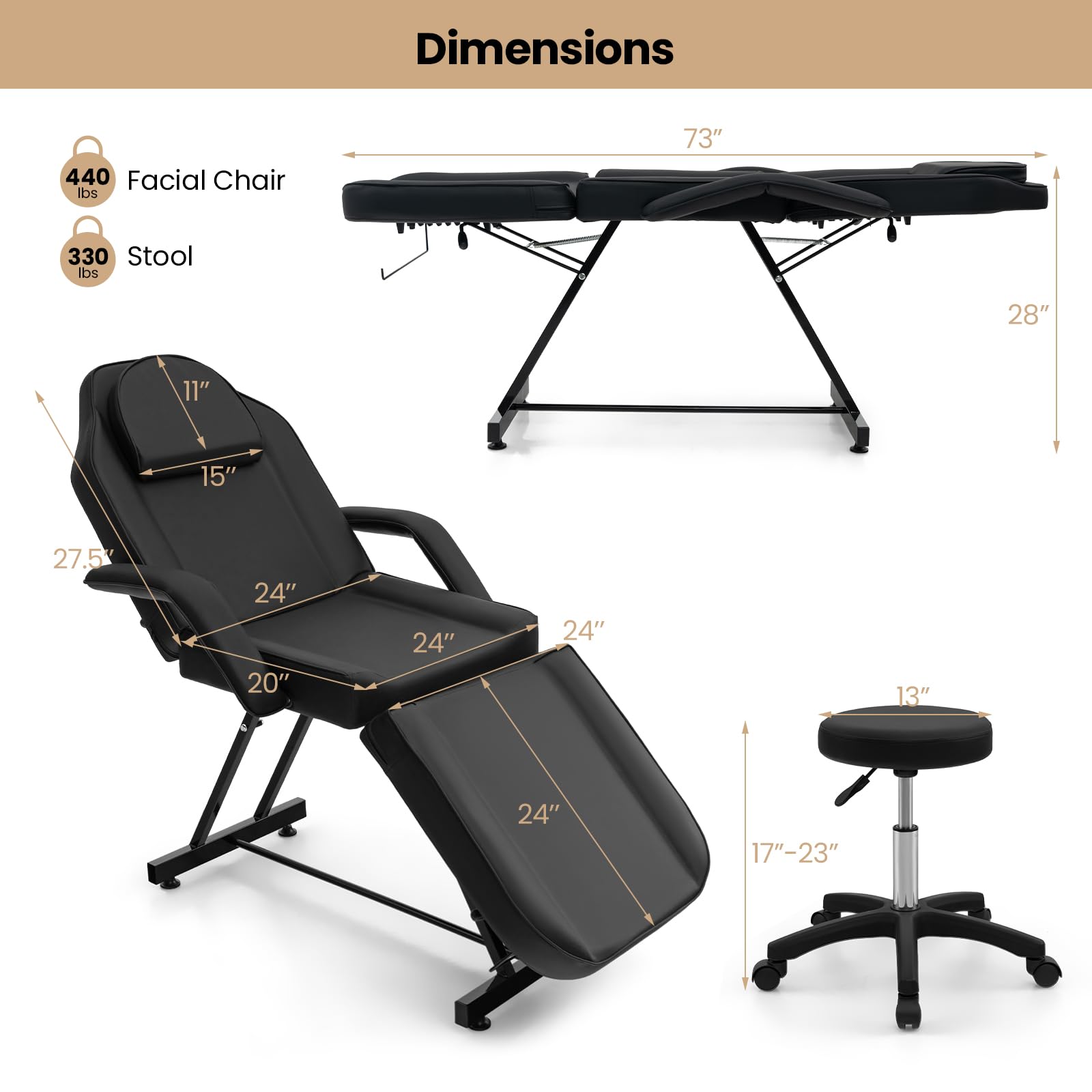 Giantex 73" Facial Chair with Hydraulic Stool, Tattoo Chair with with Adjustable Backrest & Legrest 