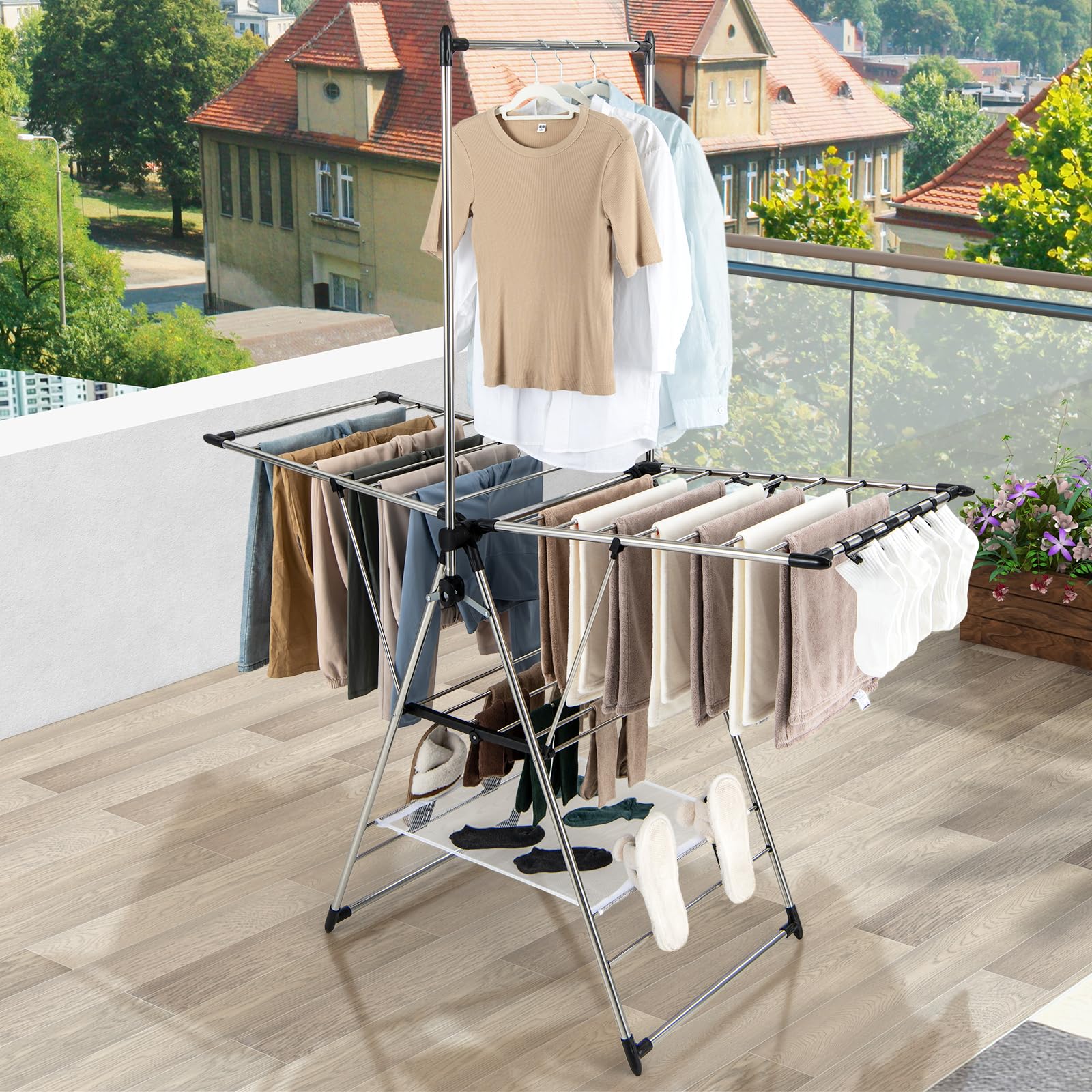 Giantex Clothes Drying Rack, Aluminum Foldable Laundry Drying Rack with with 6-Level Adjustable Height