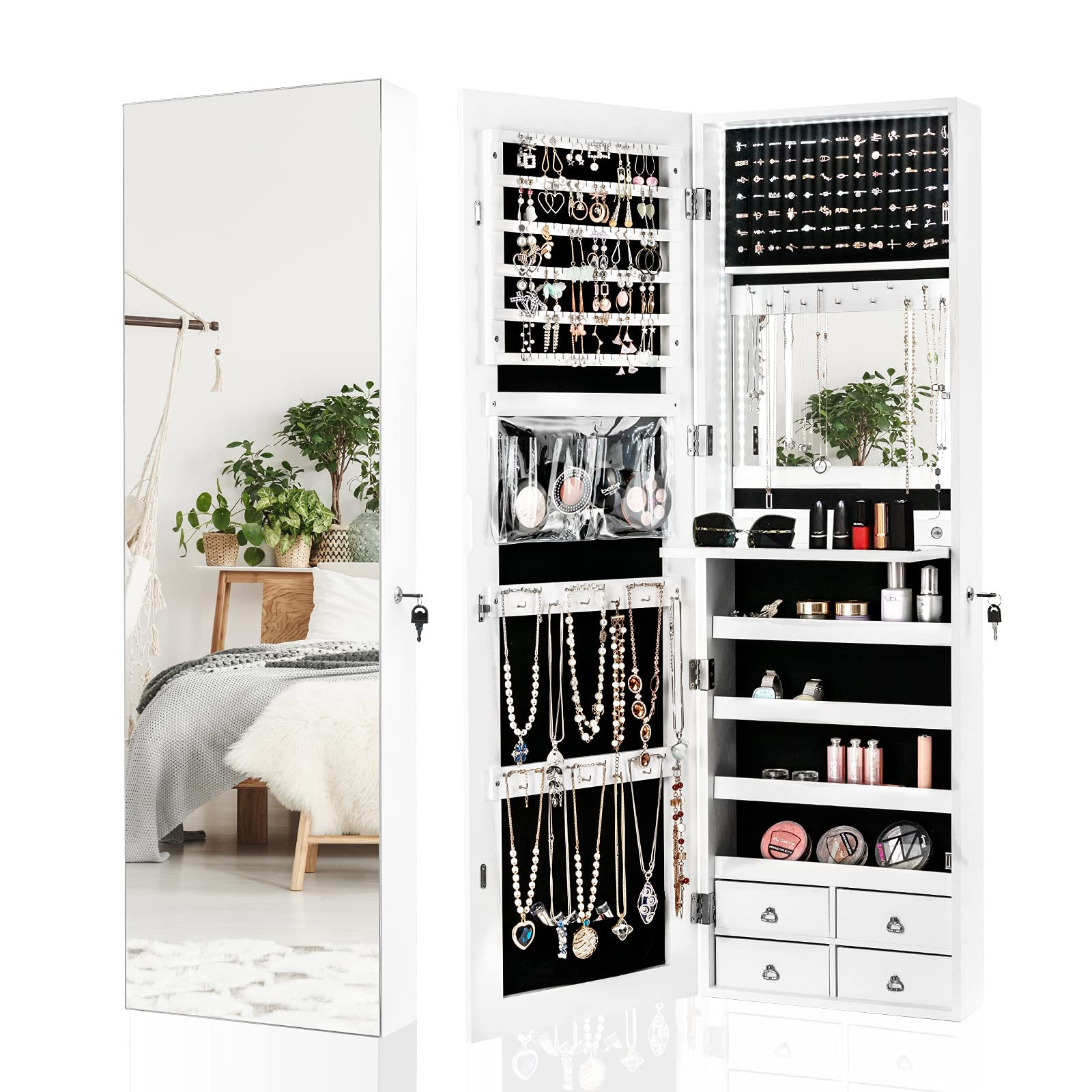 CHARMAID LED Strip Jewelry Armoire with 47.2" H Full Length Mirror 