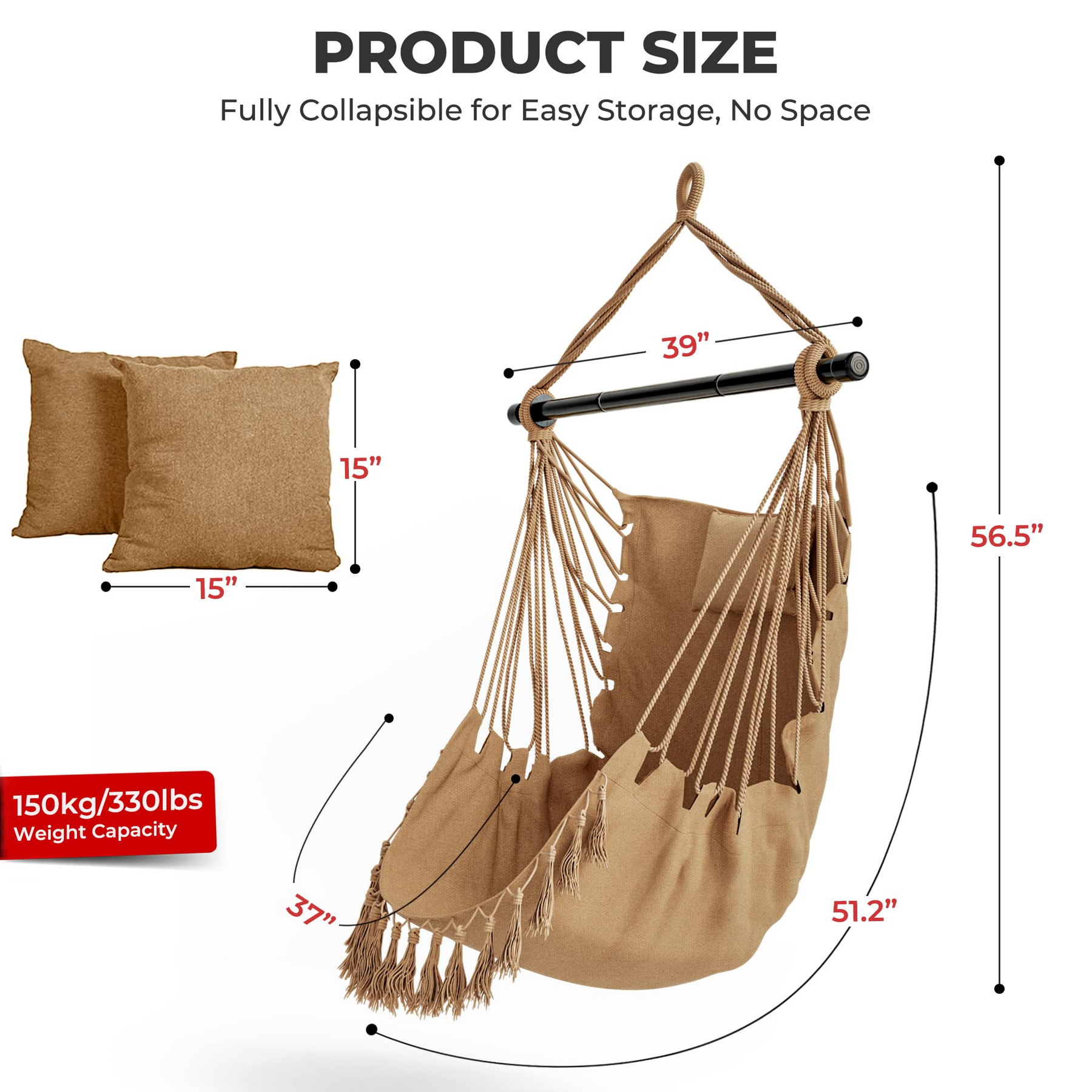 Hanging Chair Hammock Swing Chair - with Sturdy Steel Hanging Bar 