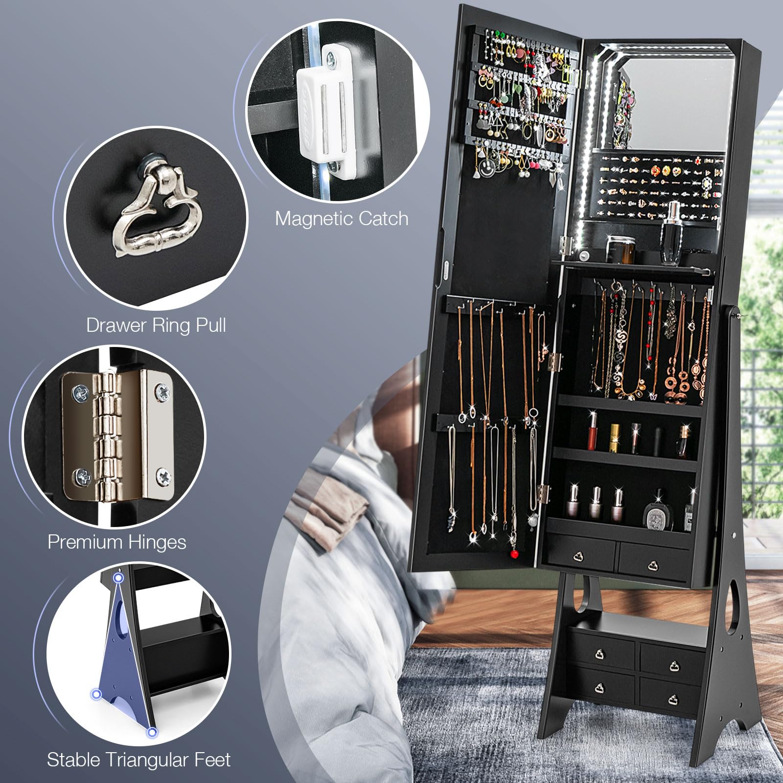 CHARMAID Jewelry Cabinet with LED Light Strip, Floor Jewelry Armoire with High Full Length Mirror 