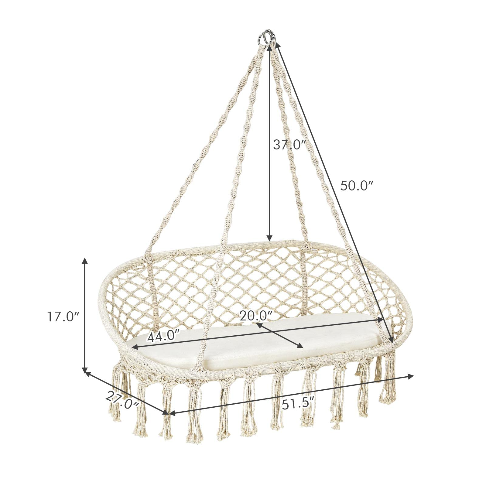 Hammock Chair 2 Seat, Macrame Hanging Chair with Cushion 