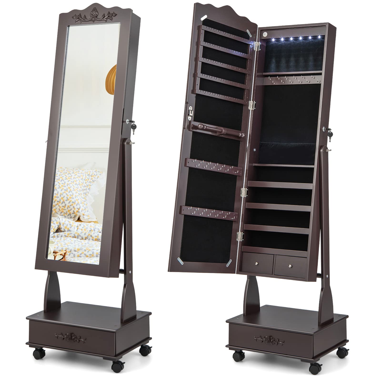 CHARMAID 6 LEDs Rolling Jewelry Cabinet with High Full Length Mirror, Lockable Standing Jewelry Armoire with Wheels 