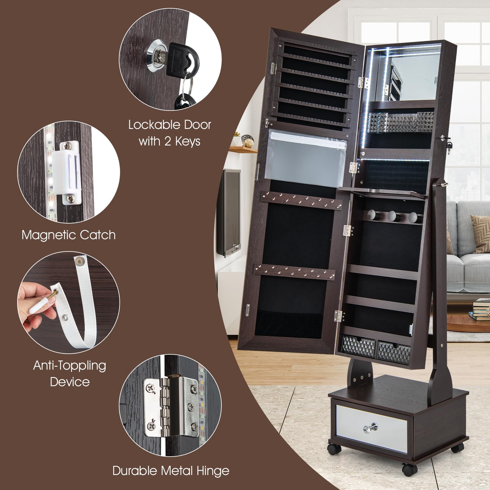 CHARMAID Jewelry Armoire with Full Length Mirror 
