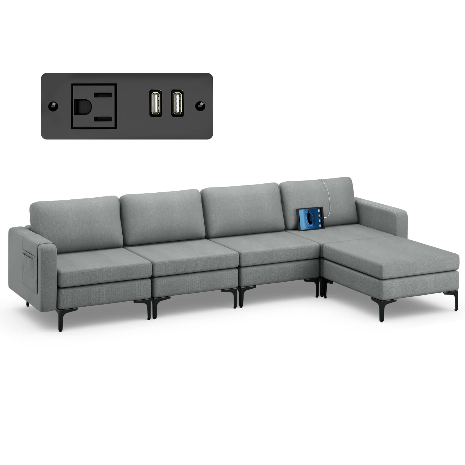 Giantex 4 Seat Convertible Sofa Couch, 123" L Sectional Sleeper with 2 or 1 USB Ports Socket 