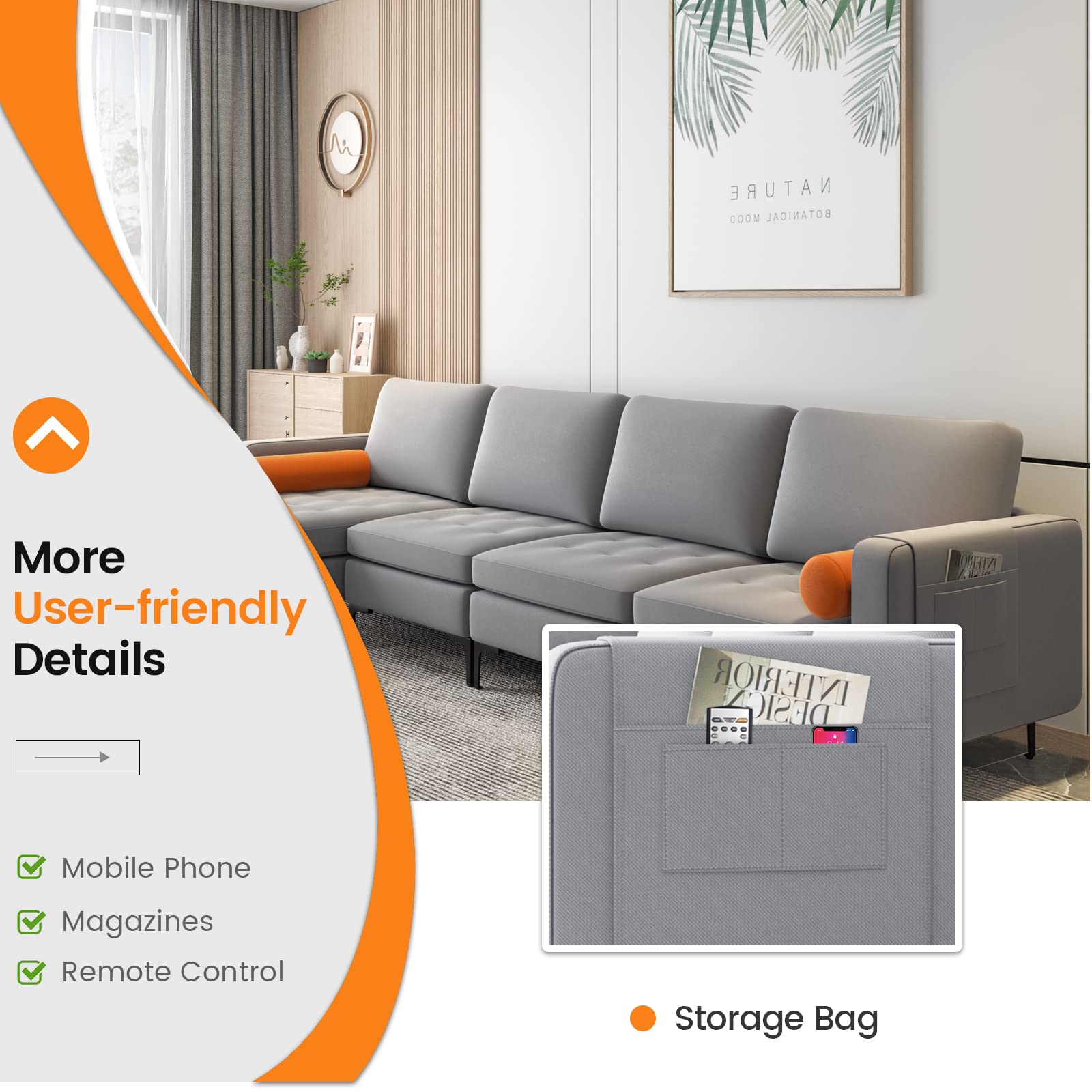 Giantex Sectional Sofa Couch, Convertible Sleeper with 2 or 1 USB Ports Socket 