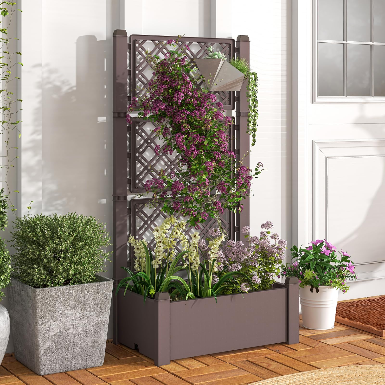 Giantex Raised Garden Bed with Trellis 59”, Self-Watering Planter Box with Water Level Indicator & Removable Space Dividers 