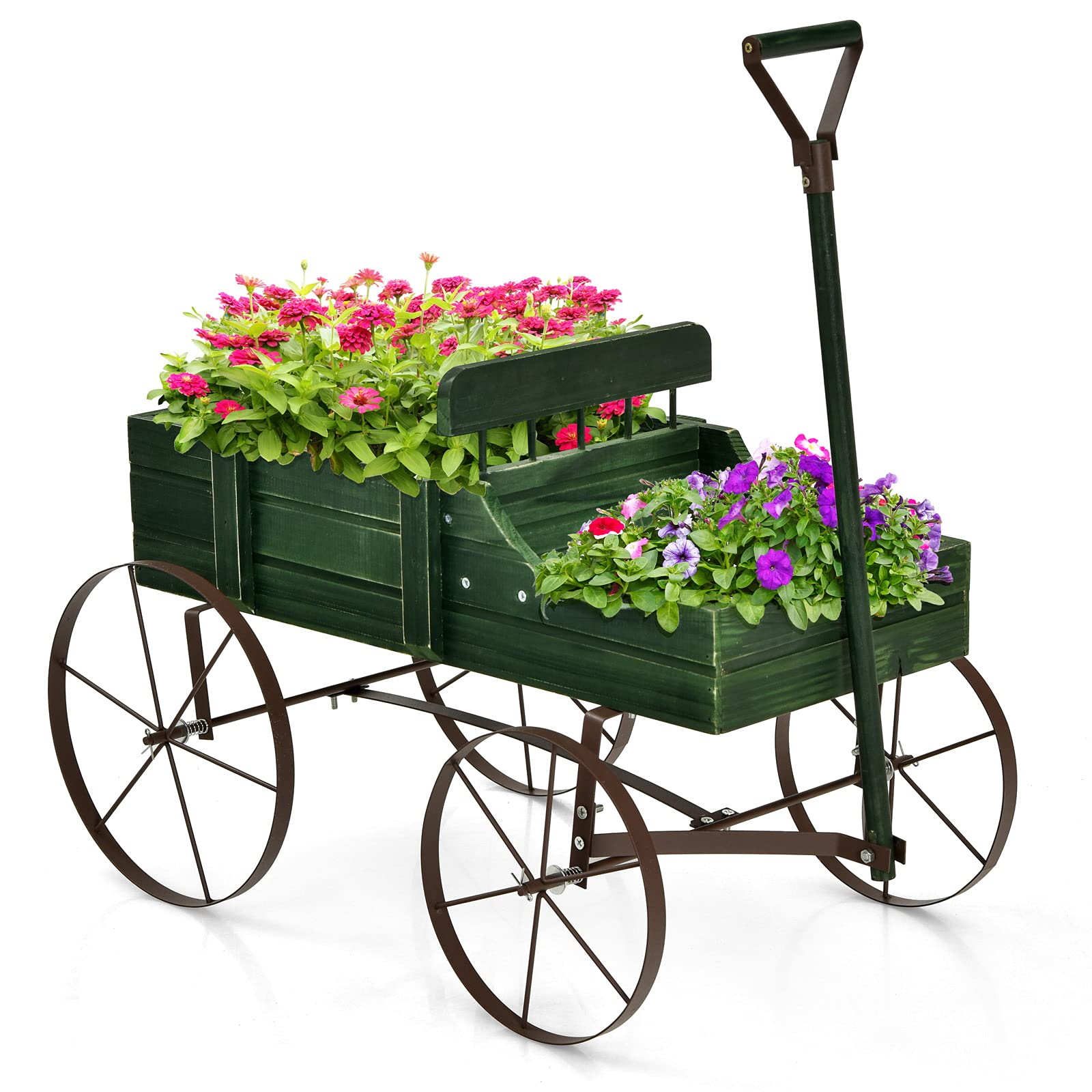 Giantex Decorative Garden Planter, Small Wagon Cart with Metal Wheels, Wood Raised Beds Plant Pot Stand for Backyard Garden Patio 24.5"x13.5"x24" 