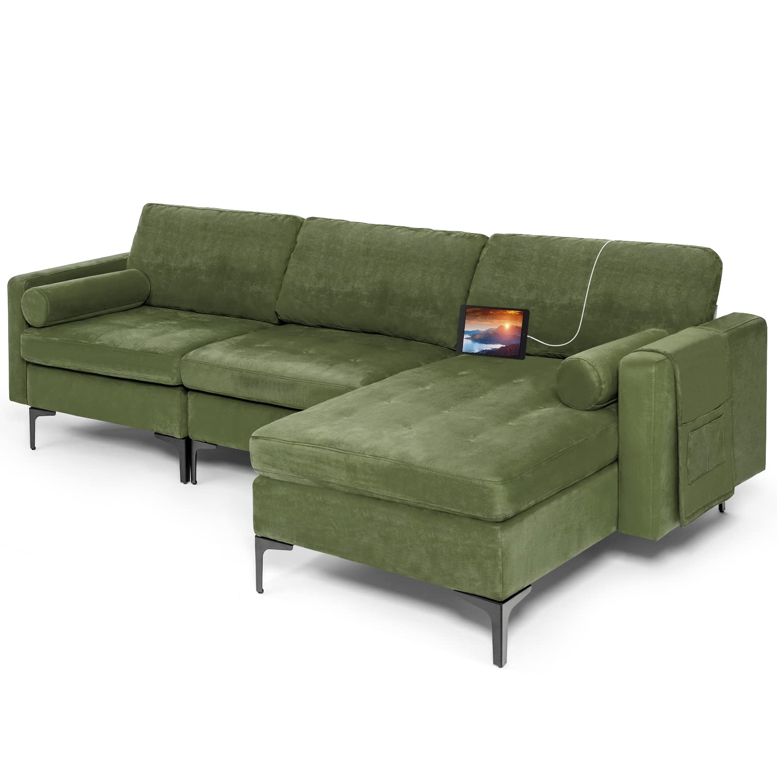 Giantex 97" Large Couch, 3 Seat Sectional Sofa Set, L-Shaped Modular Sleeper with Chaise Lounge & USB Port & Socket 