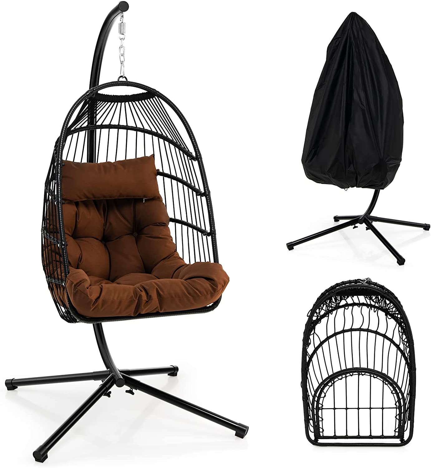 Giantex Egg Chair with Stand, Hanging Basket Chair Hammock Chair w/ Steel Stand Pillow Seat Cushion Rattan Basket & Dust Cover 