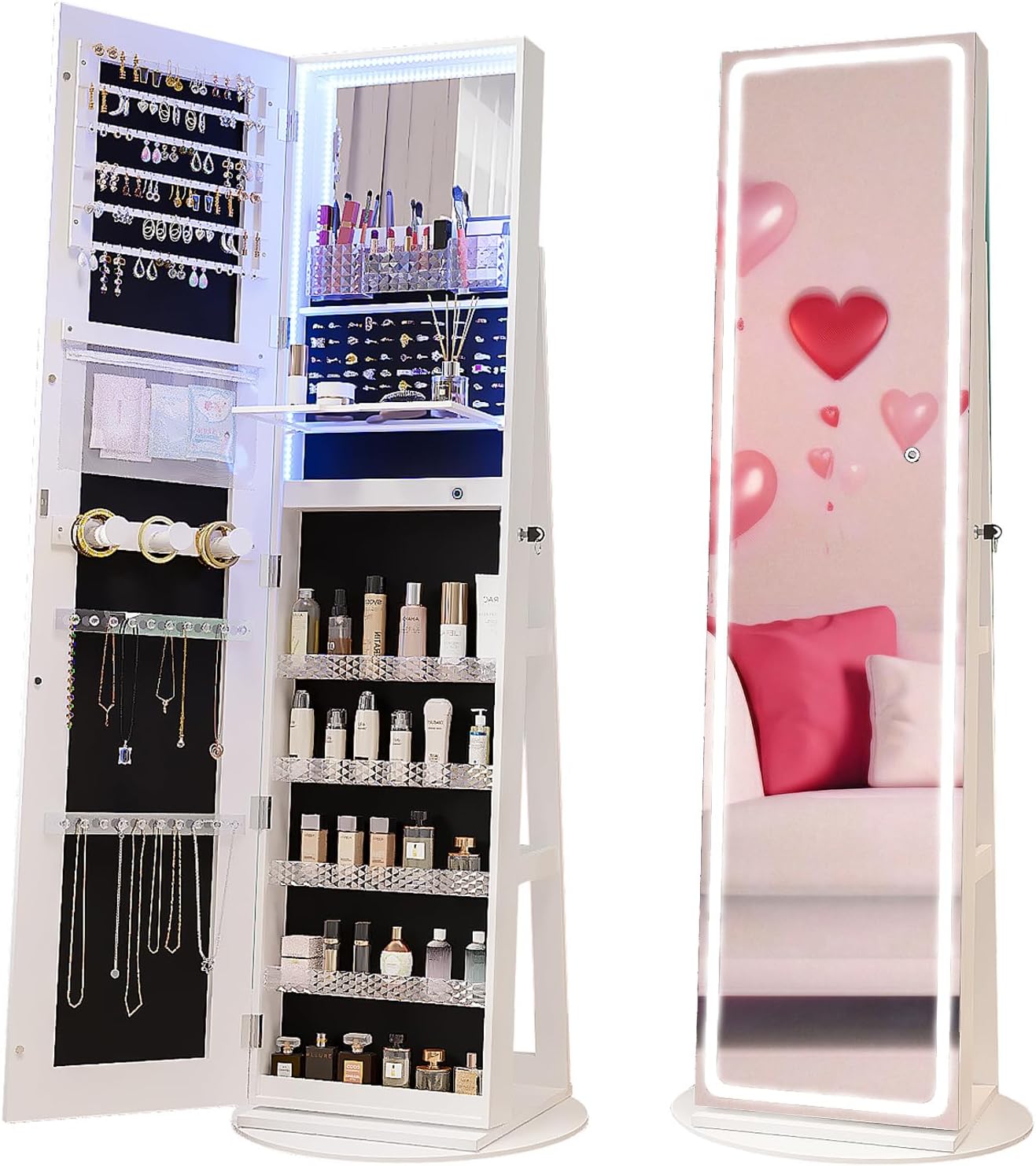 CHARMAID LED Mirror Jewelry Cabinet Armoire 360Â° Swivel, 63" H 3-Color Lighted Full Length Mirror 
