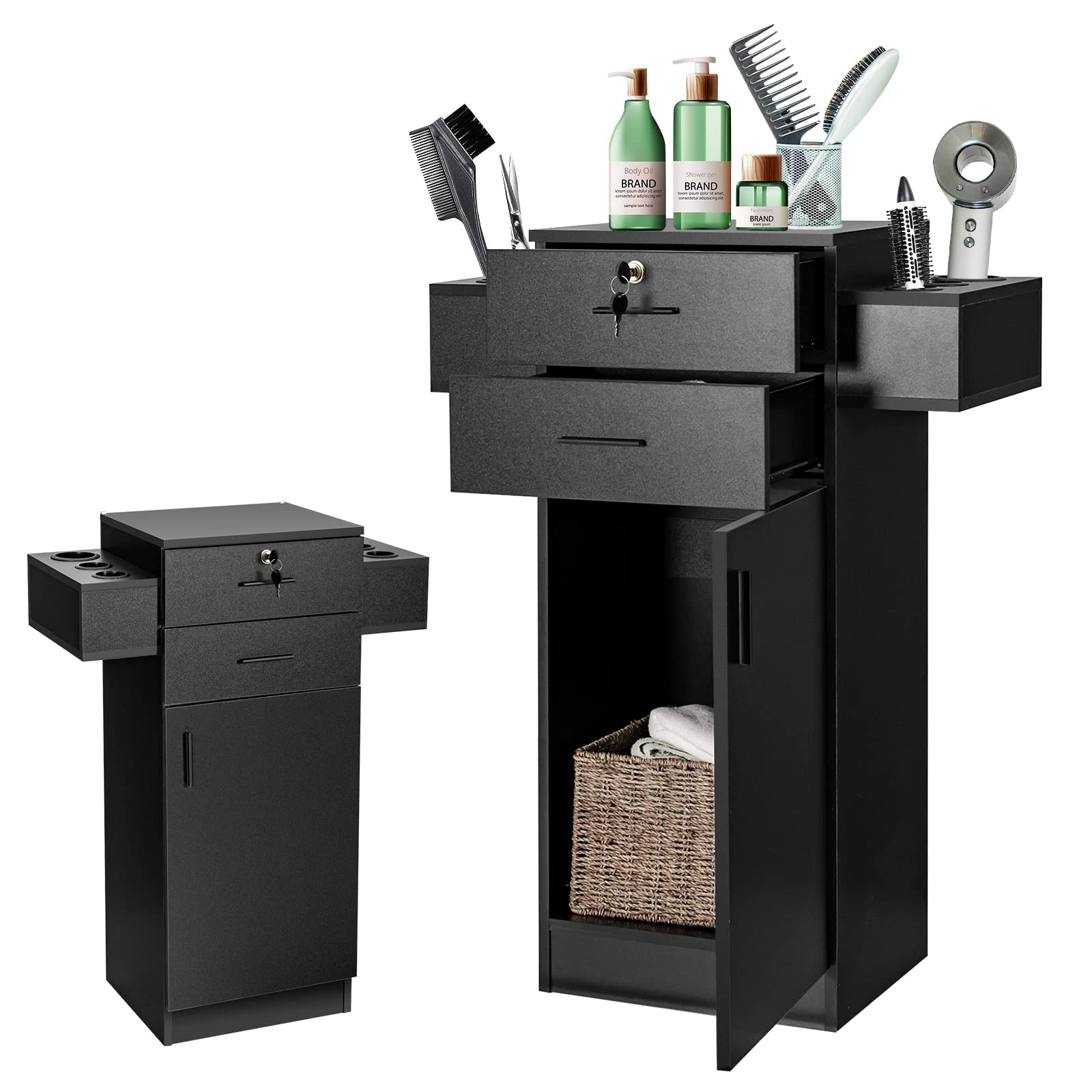 Salon Station Storage Cabinet for Hair Stylist, Black 
